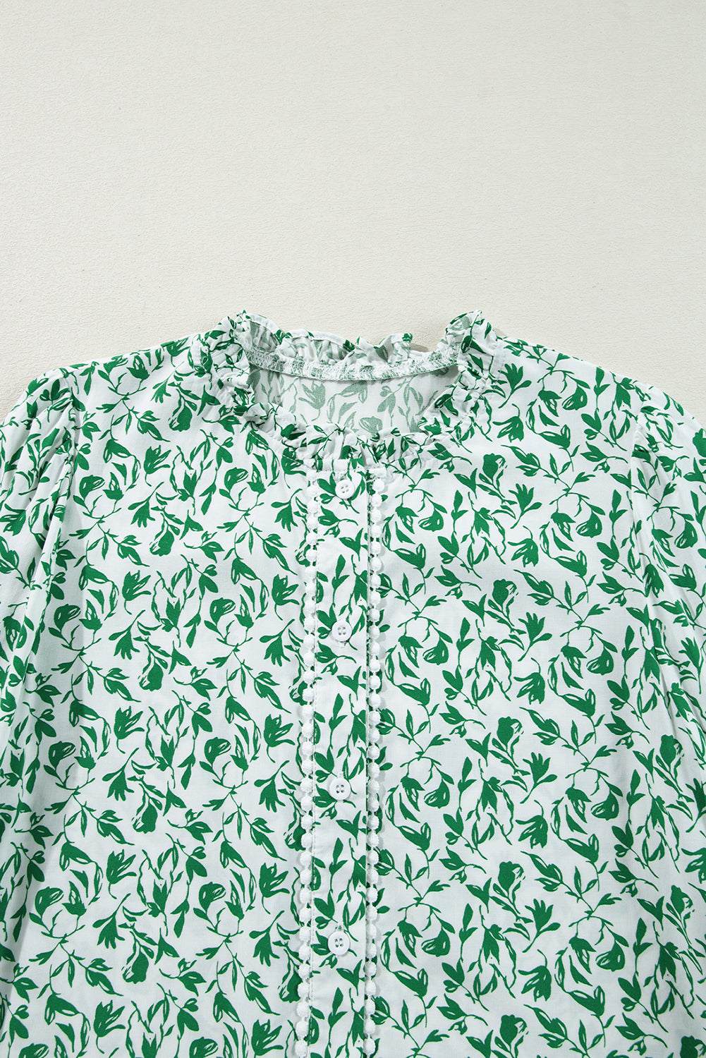 Green Printed Lace Detail Floral Puff Sleeve Fall Shirt-Tops/Blouses & Shirts-[Adult]-[Female]-2022 Online Blue Zone Planet