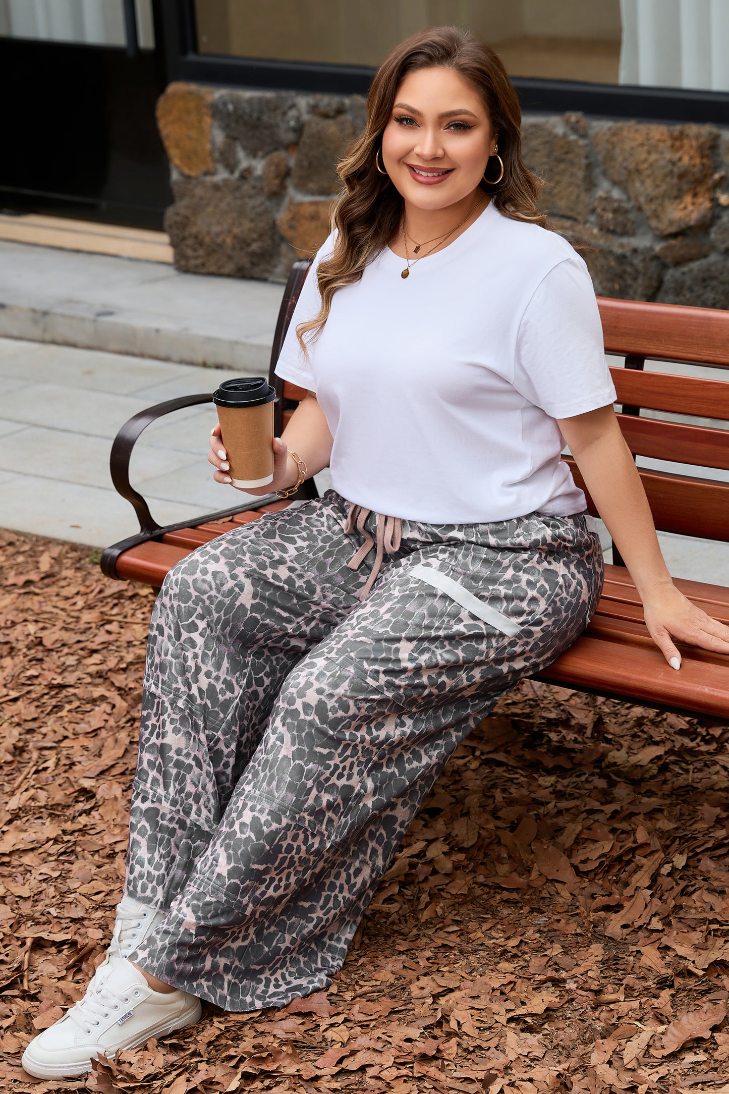 Khaki Plus Size Leopard Print Raw Edge Patch Pocket Drawstring Loose Pants-Plus Size/Plus Size Bottoms-[Adult]-[Female]-2022 Online Blue Zone Planet