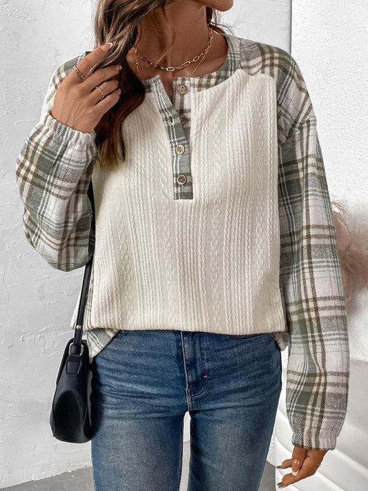 Perfee Plaid Half Button Long Sleeve T-Shirt-TOPS / DRESSES-[Adult]-[Female]-Cream-S-2022 Online Blue Zone Planet