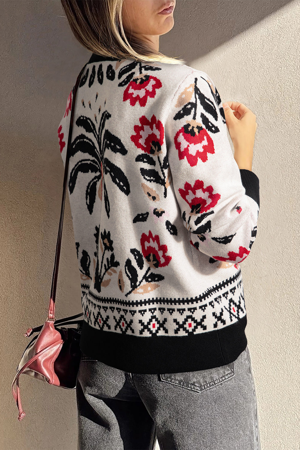 Beige Floral Print Buttoned Front V Neck Knit Cardigan-Sweaters & Cardigans/Cardigans-[Adult]-[Female]-2022 Online Blue Zone Planet