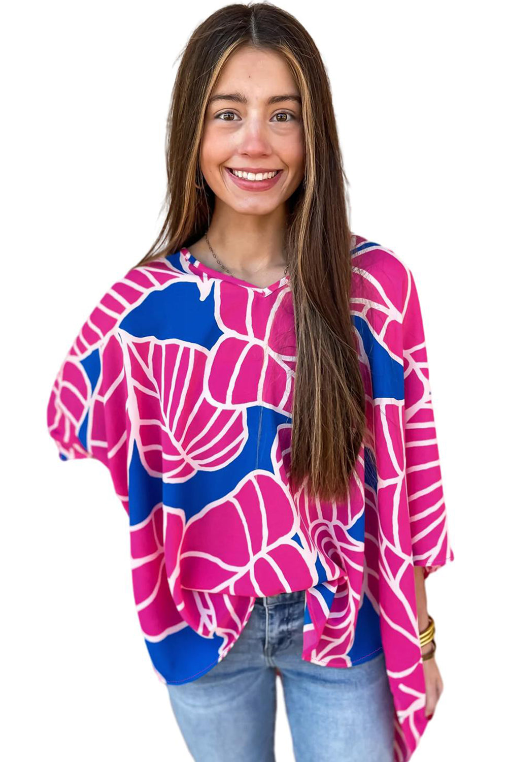 Blue Zone Planet |  Rose Red Floral Print 3/4 Sleeve V Neck Baggy Blouse Blue Zone Planet