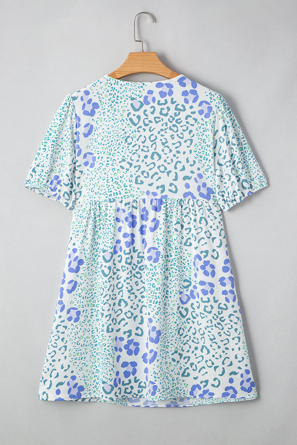 Sky Blue Leopard Contrast Bow Puff Sleeve Mini Dress-TOPS / DRESSES-[Adult]-[Female]-2022 Online Blue Zone Planet