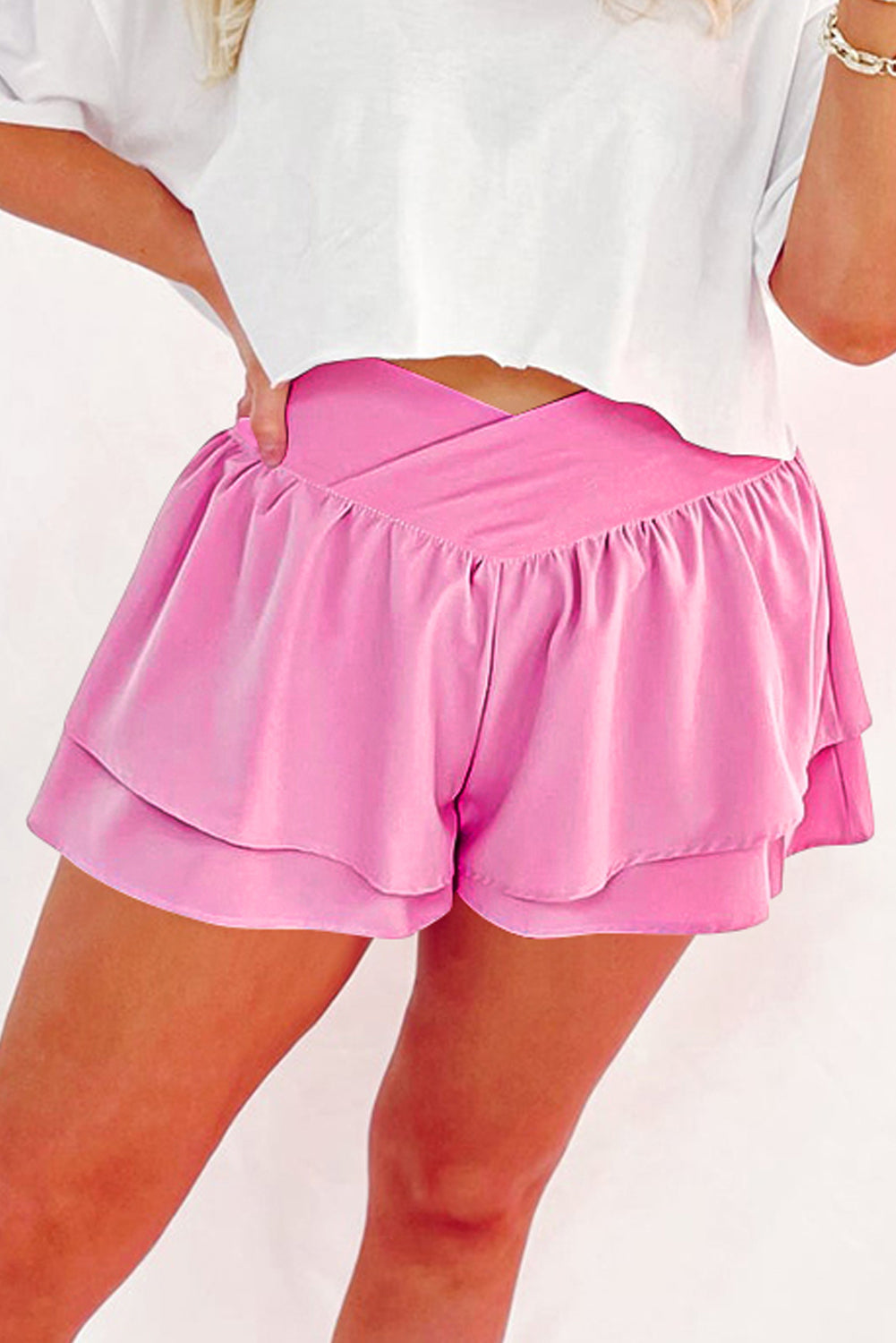 Bright Pink Crossed Waist Tiered Flowy Shorts-Bottoms/Casual Shorts-[Adult]-[Female]-2022 Online Blue Zone Planet