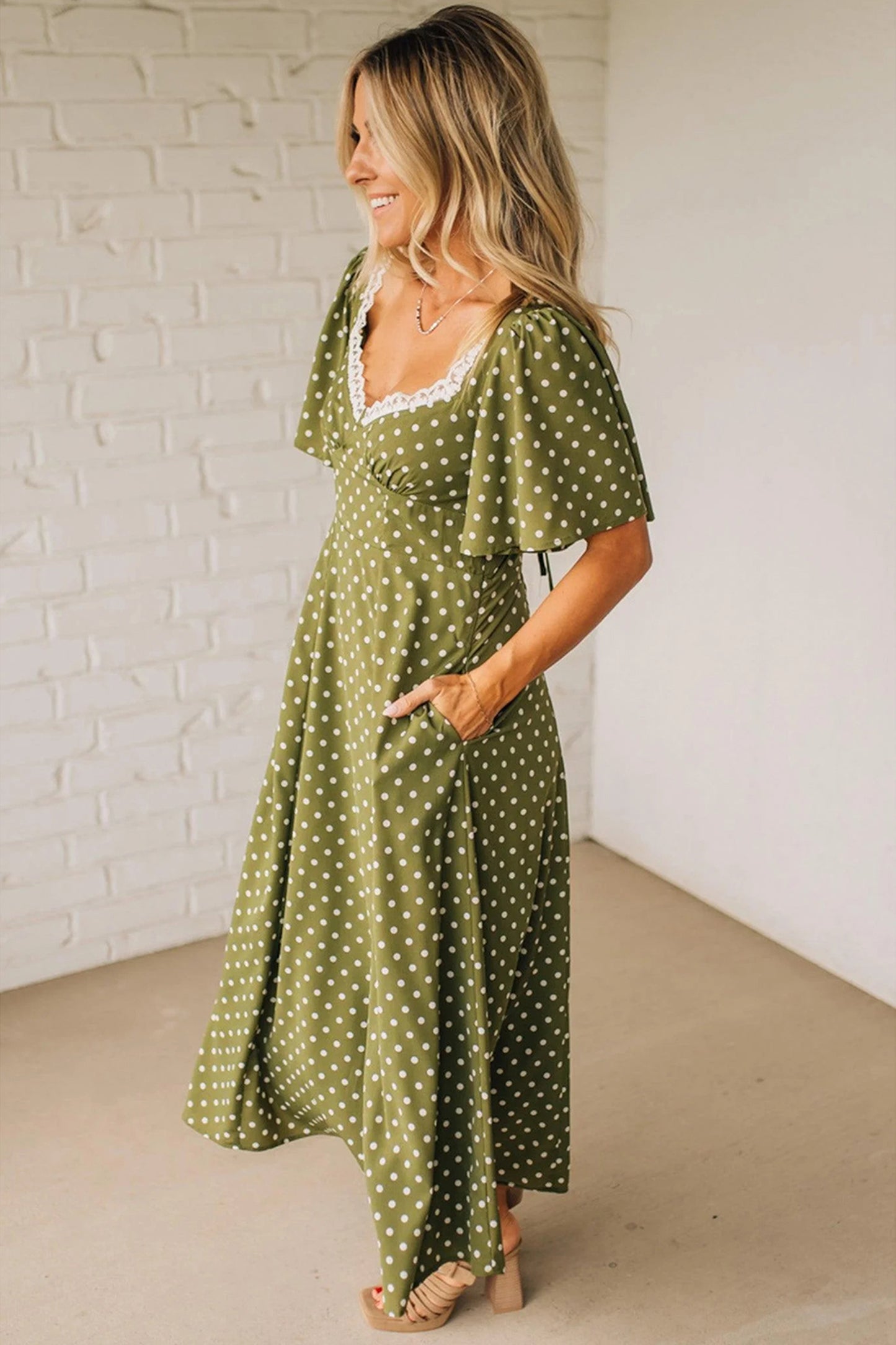 Green Polka Dot Print Lacy Neckline Smocked High Waist Maxi Dress-Dresses/Maxi Dresses-[Adult]-[Female]-2022 Online Blue Zone Planet
