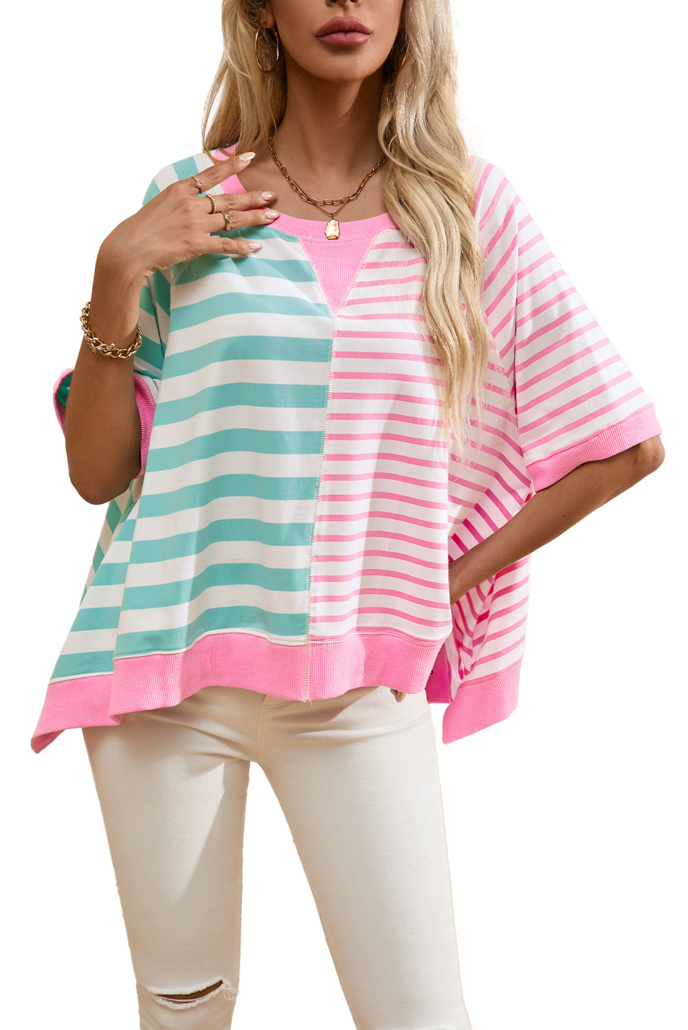 Pink Stripe Contrast Patchwork Oversized T Shirt-Tops/Tops & Tees-[Adult]-[Female]-2022 Online Blue Zone Planet