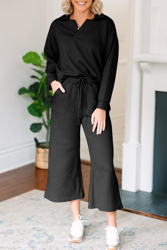 Black Solid Textured Collared V Neck Top and Wide Leg Pants Set-Two Piece Sets/Pant Sets-[Adult]-[Female]-Black-S-2022 Online Blue Zone Planet