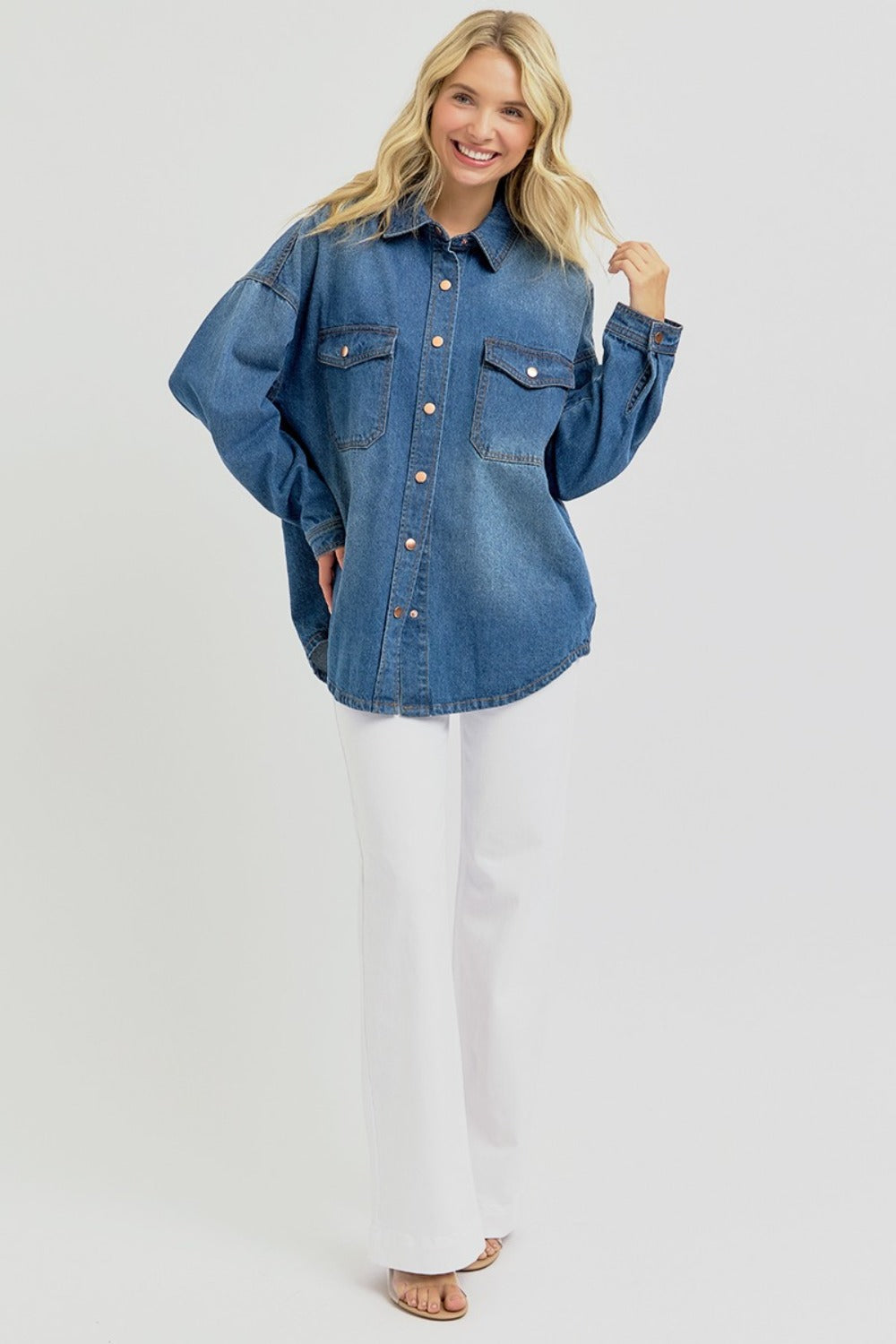 RISEN Full Size Snap Down Long Sleeve Denim Shacket-TOPS / DRESSES-[Adult]-[Female]-2022 Online Blue Zone Planet