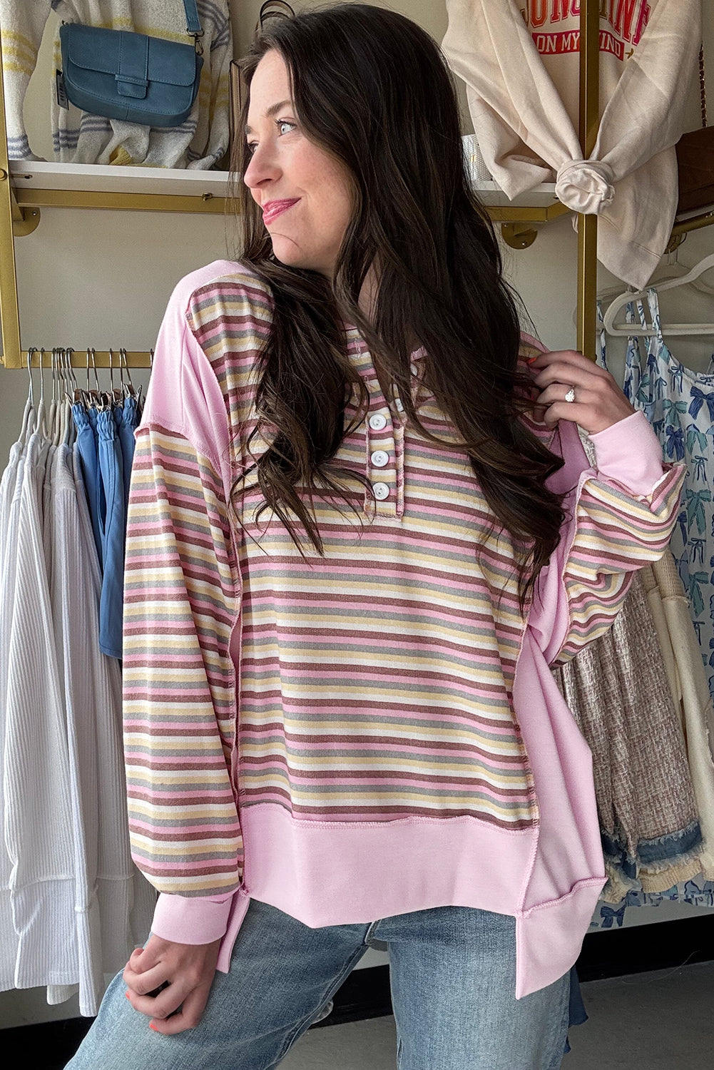 Pink Exposed Seam Color Block Striped Patchwork Loose Henley Sweatshirt-Tops/Sweatshirts & Hoodies-[Adult]-[Female]-2022 Online Blue Zone Planet