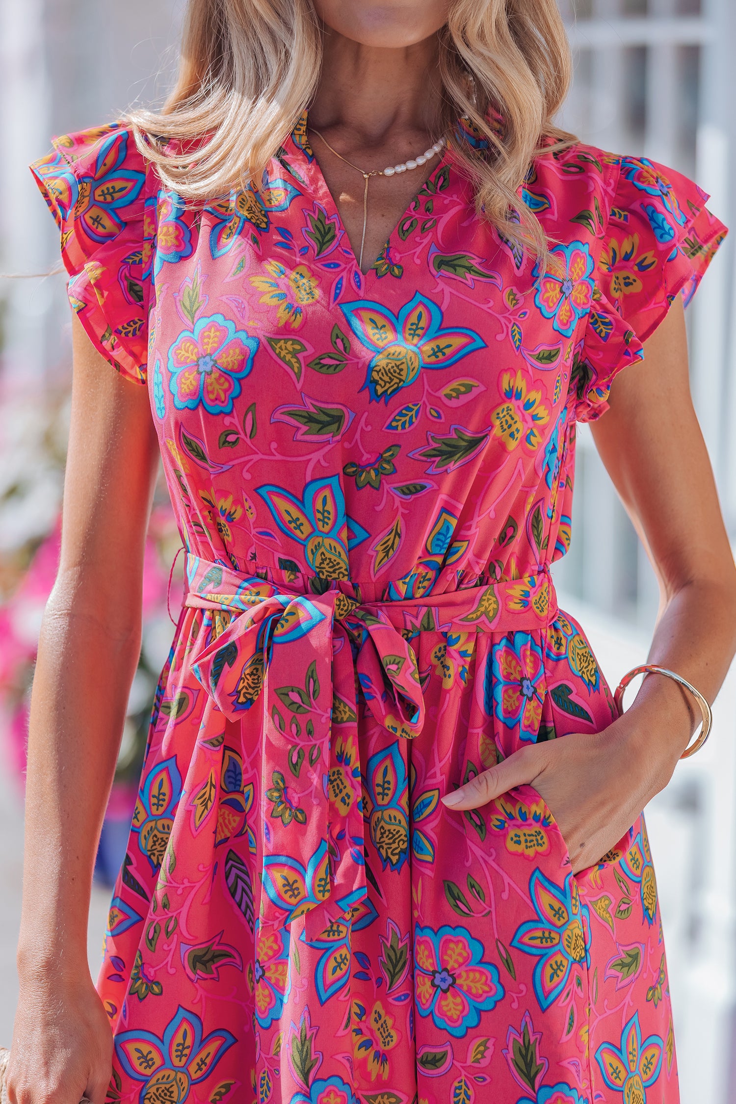 Rose Flutter Sleeve Belted Floral Long Dress-TOPS / DRESSES-[Adult]-[Female]-2022 Online Blue Zone Planet