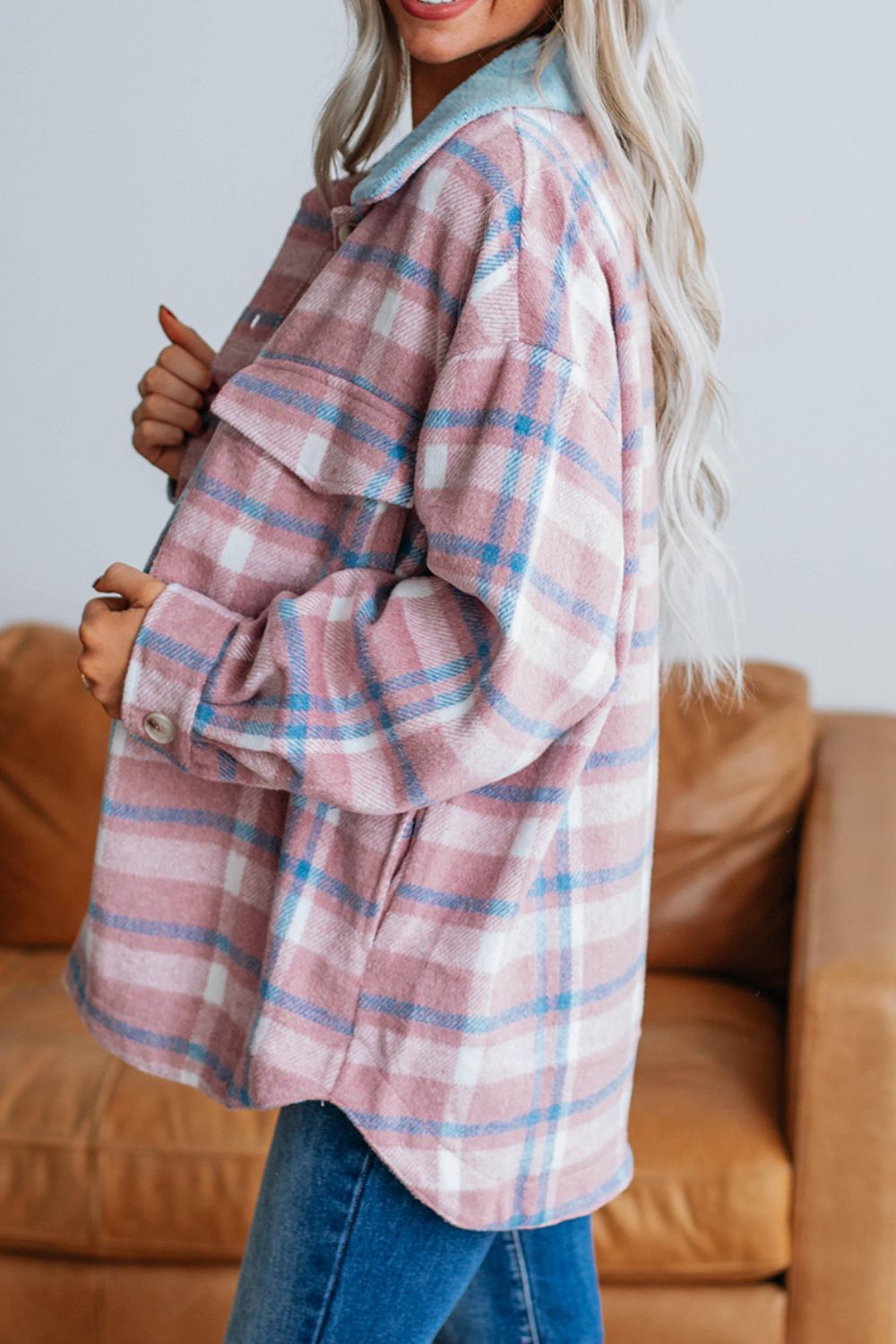 Plaid Collared Neck Flap Pockets Shacket-TOPS / DRESSES-[Adult]-[Female]-2022 Online Blue Zone Planet