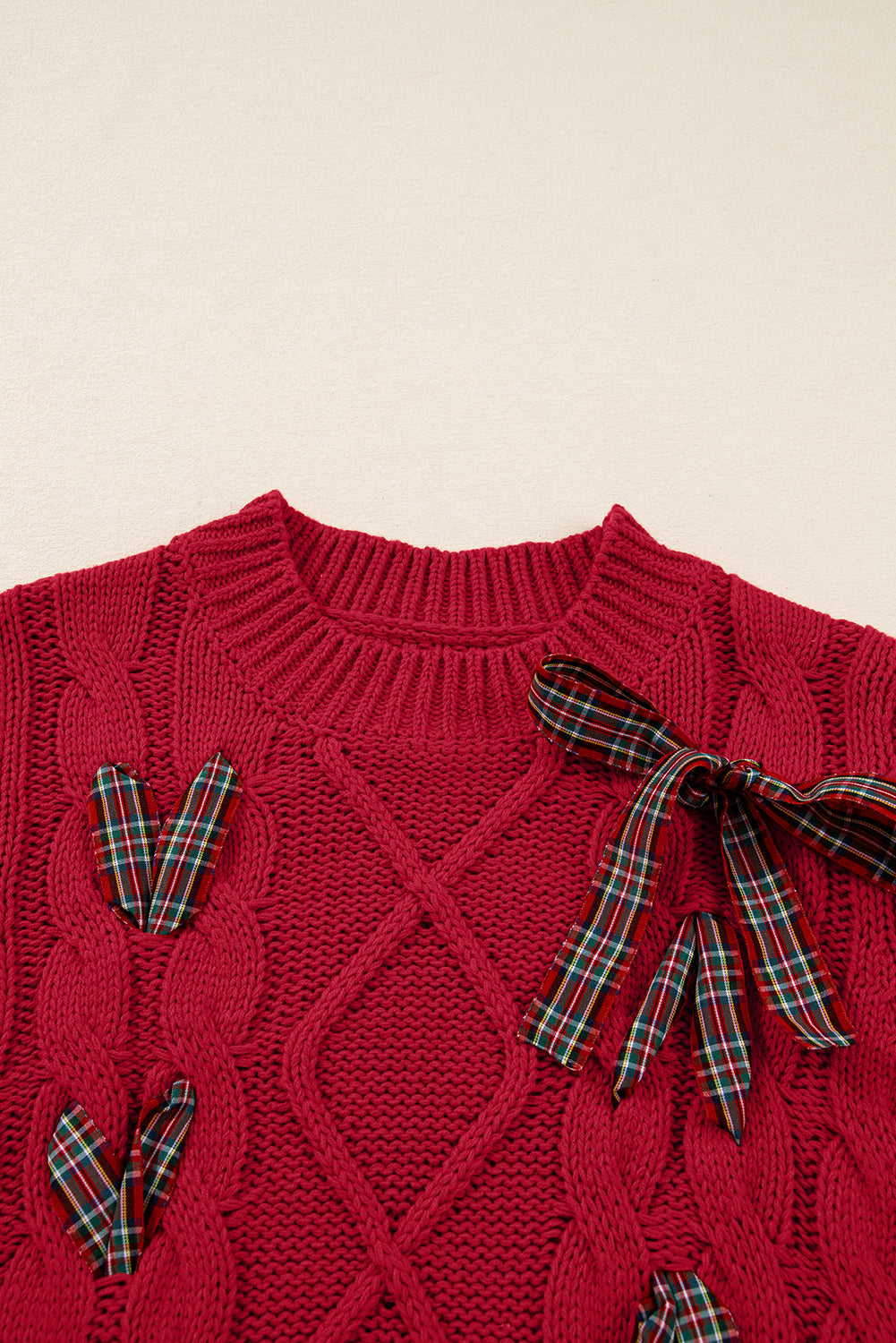 Fiery Red Plaid Lace Up Detail Christmas Holiday Puff Short Sleeve Sweater-TOPS / DRESSES-[Adult]-[Female]-2022 Online Blue Zone Planet