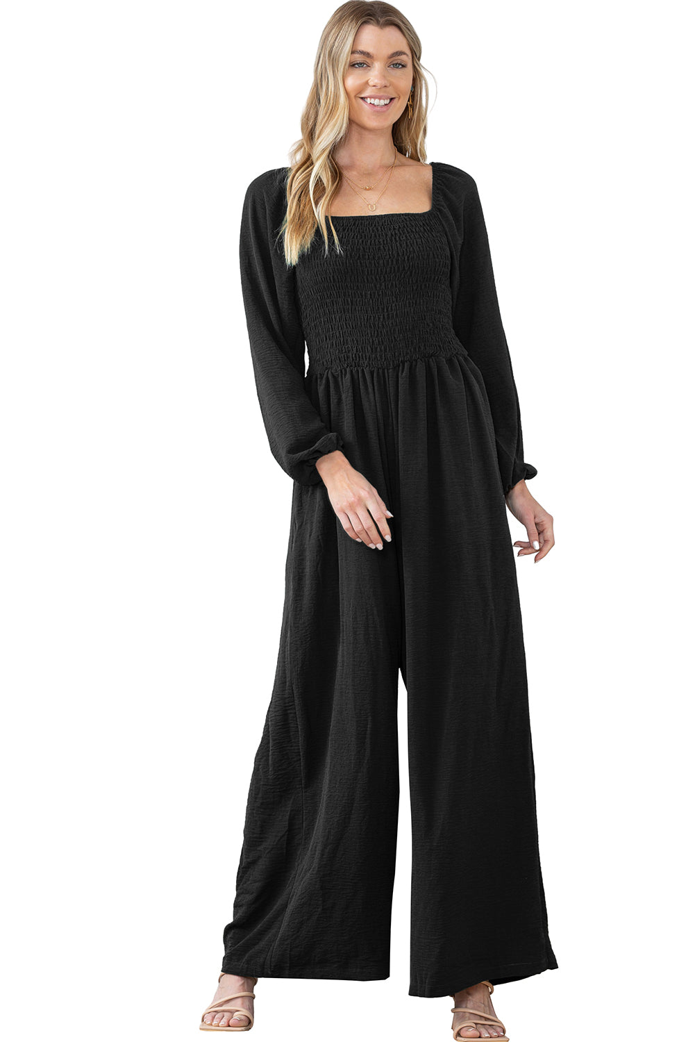 Green Smocked Square Neck Long Sleeve Wide Leg Jumpsuit-Jumpsuits-[Adult]-[Female]-2022 Online Blue Zone Planet