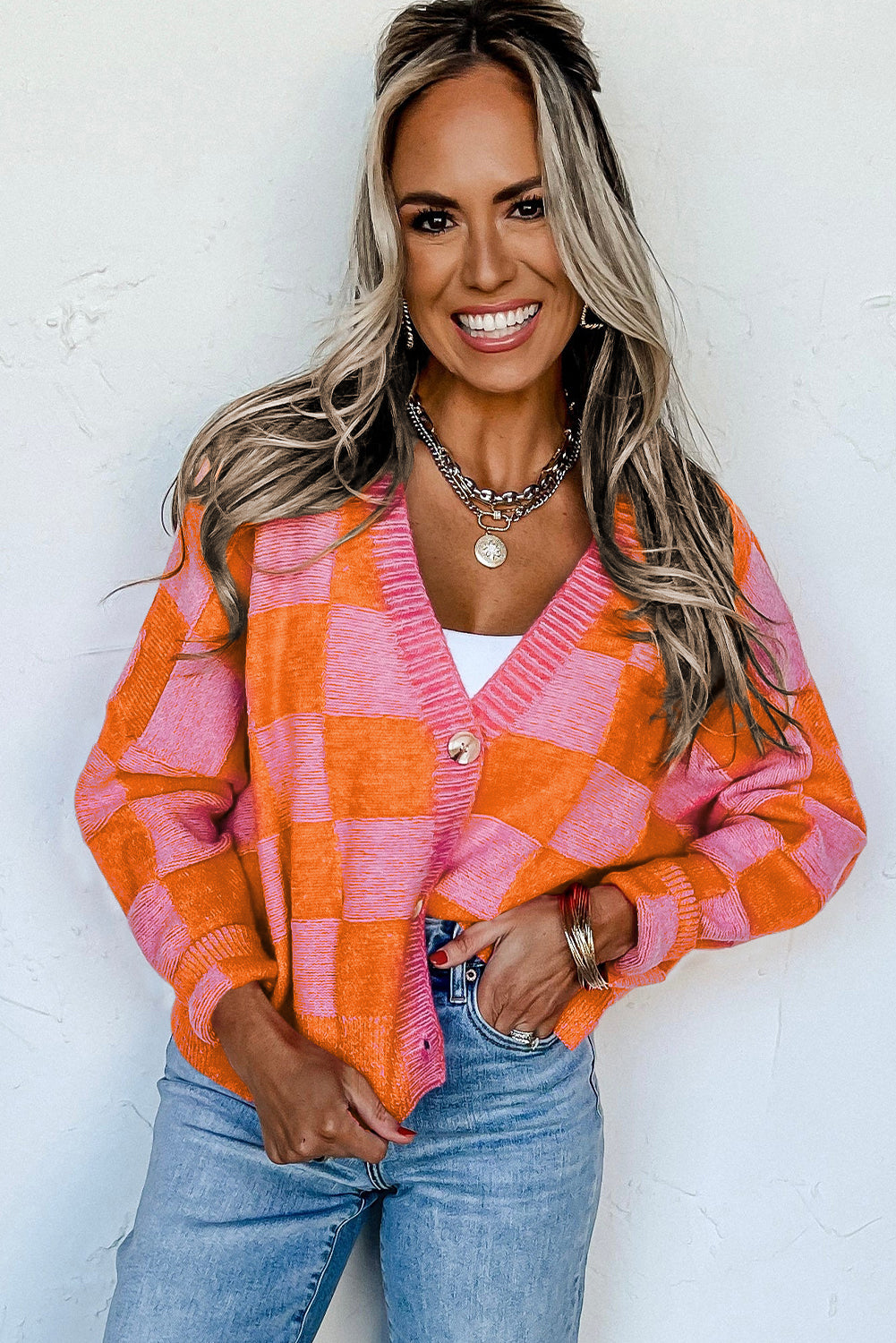 Blue Zone Planet | Orange Checkered Buttoned V Neck Drop Shoulder Cardigan-Cardigans-[Adult]-[Female]-2022 Online Blue Zone Planet