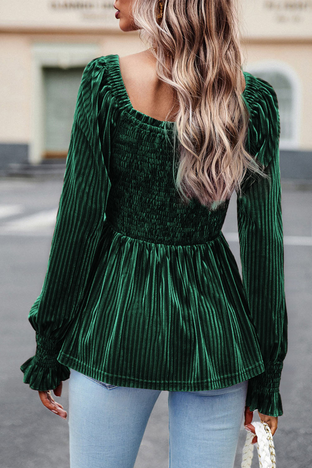 Blackish Green Smocked Ribbed Velvet Babydoll Top-Tops/Blouses & Shirts-[Adult]-[Female]-2022 Online Blue Zone Planet