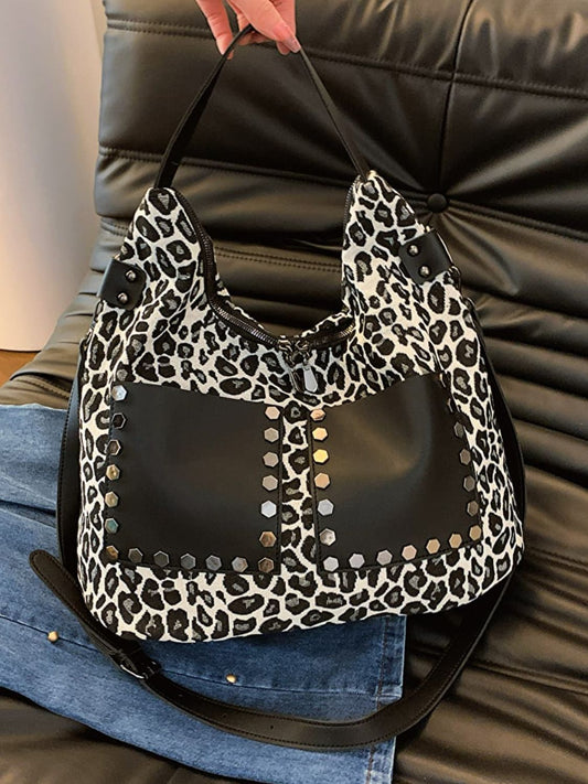 Blue Zone Planet | Leopard Polyester Shoulder Bag with Zippers-HANDBAGS-[Adult]-[Female]-Black-One Size-2022 Online Blue Zone Planet