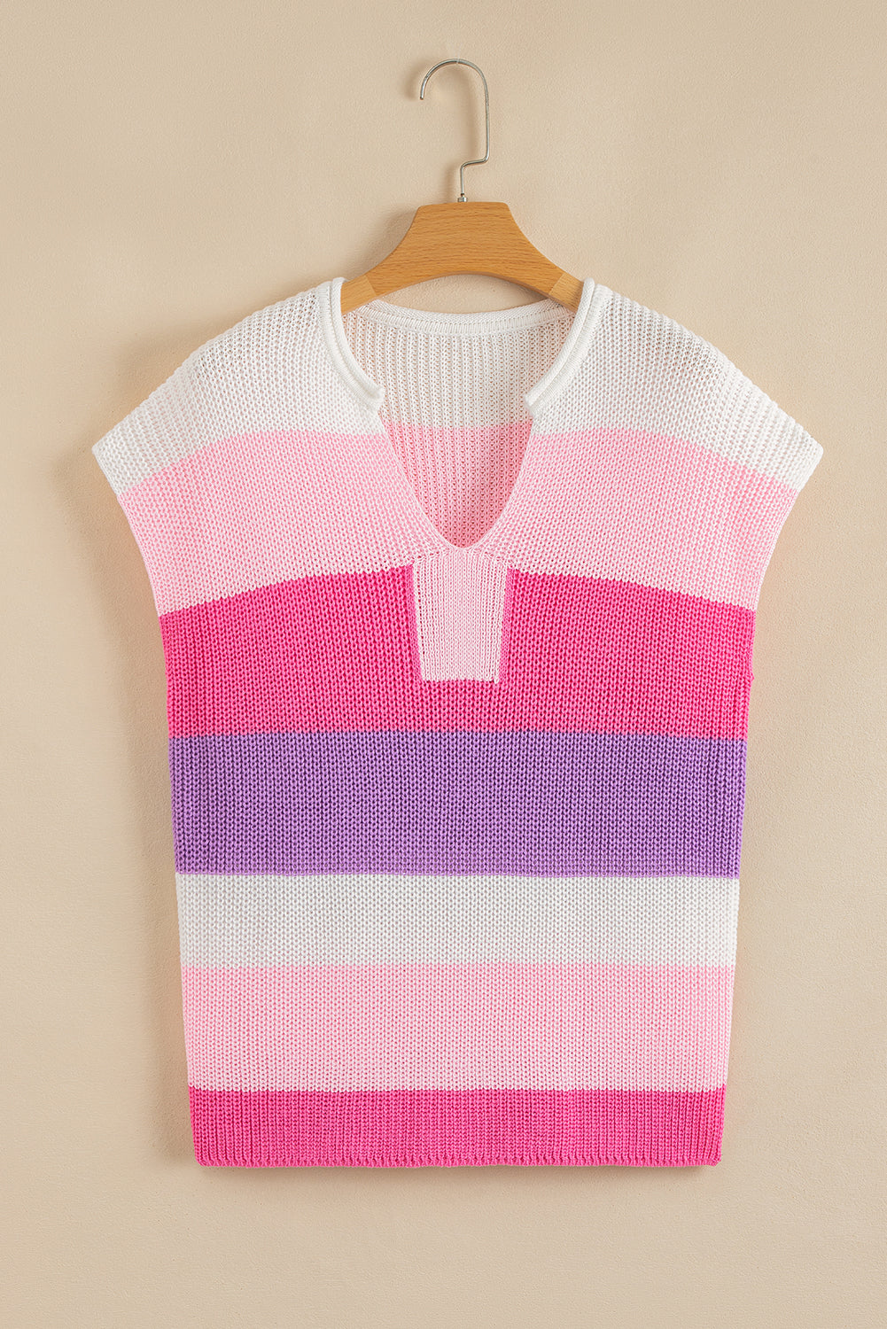 Pink Color Block Notch V Neck Sweater T Shirt-TOPS / DRESSES-[Adult]-[Female]-2022 Online Blue Zone Planet
