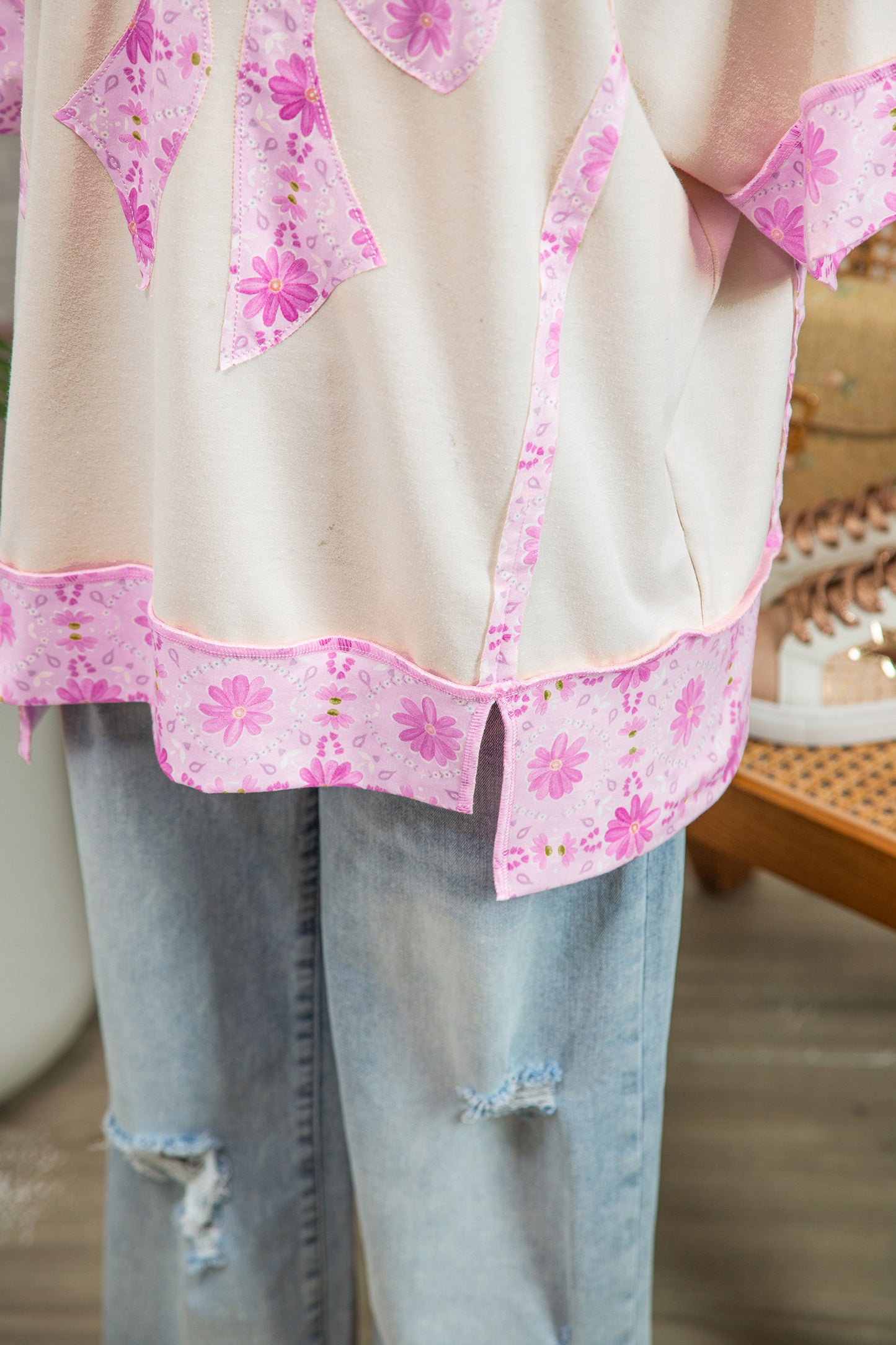 Apricot Daisy Floral Bow Contrast Patchwork Loose T Shirt-Tops/Tops & Tees-[Adult]-[Female]-2022 Online Blue Zone Planet