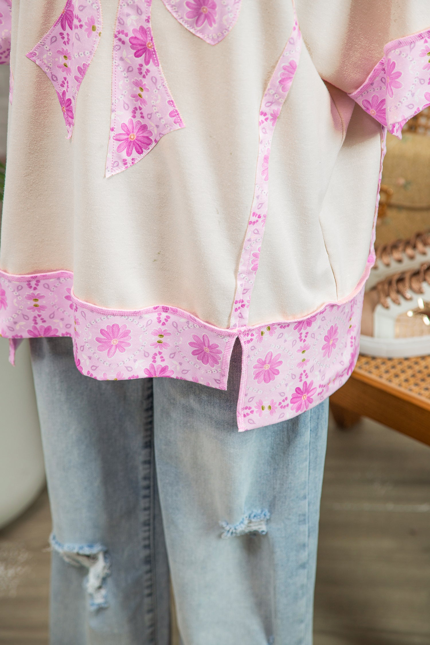 Apricot Daisy Floral Bow Contrast Patchwork Loose T Shirt-Tops/Tops & Tees-[Adult]-[Female]-2022 Online Blue Zone Planet
