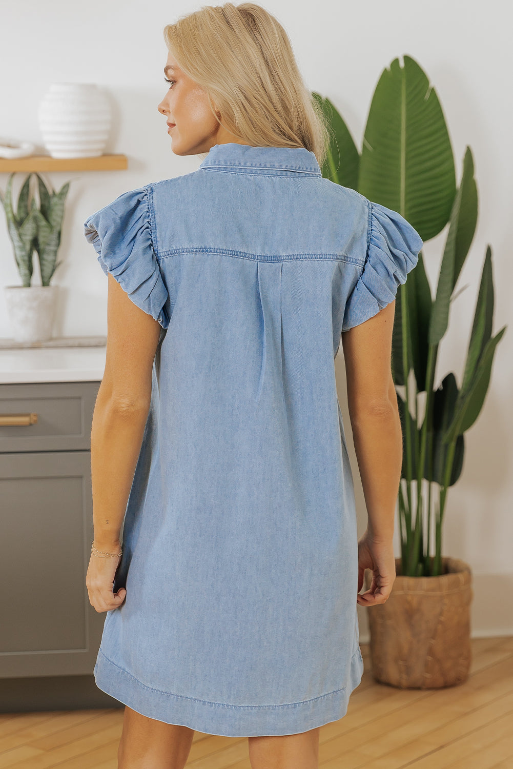 Beau Blue Flutter Sleeve Shirred Detail Button Up Denim Mini Dress-Dresses/Mini Dresses-[Adult]-[Female]-2022 Online Blue Zone Planet