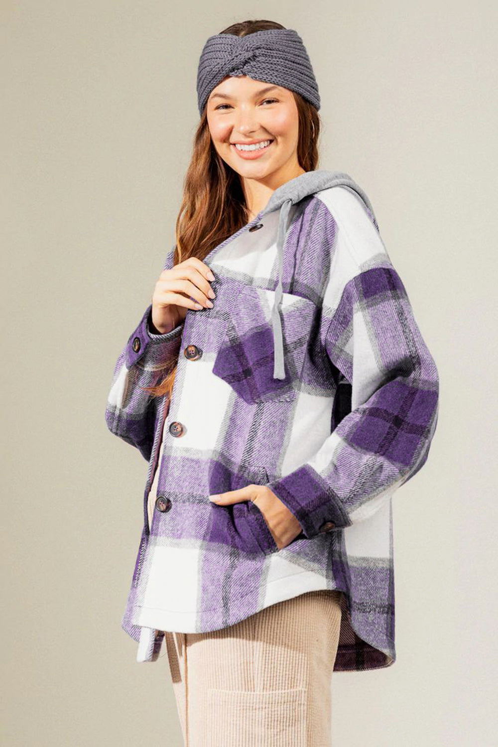 Drawstring Plaid Dropped Shoulder Hooded Shacket-TOPS / DRESSES-[Adult]-[Female]-Lavender-S-2022 Online Blue Zone Planet