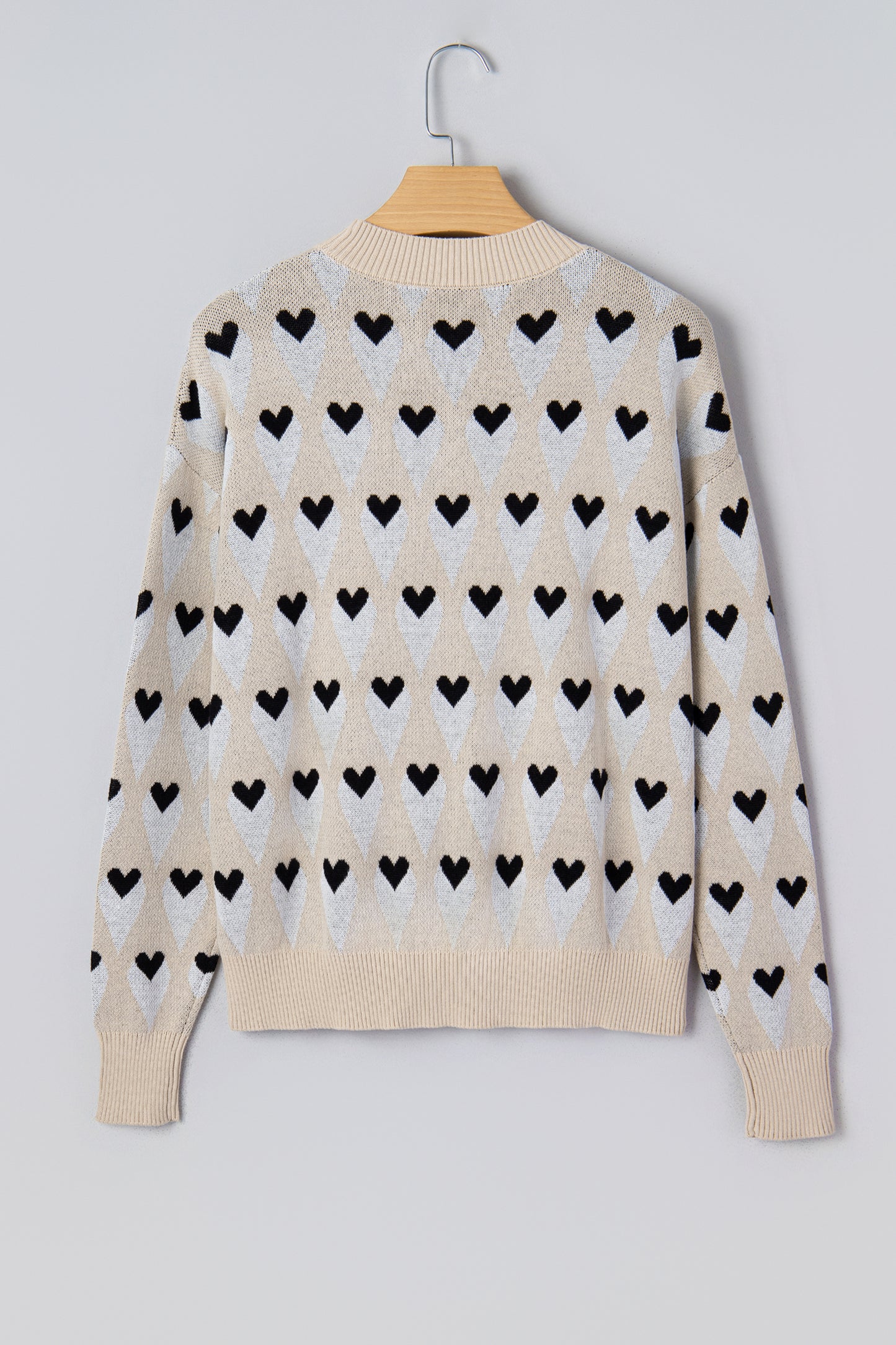 Parchment Geometric Heart Print Ribbed Trim Loose Sweater-TOPS / DRESSES-[Adult]-[Female]-2022 Online Blue Zone Planet