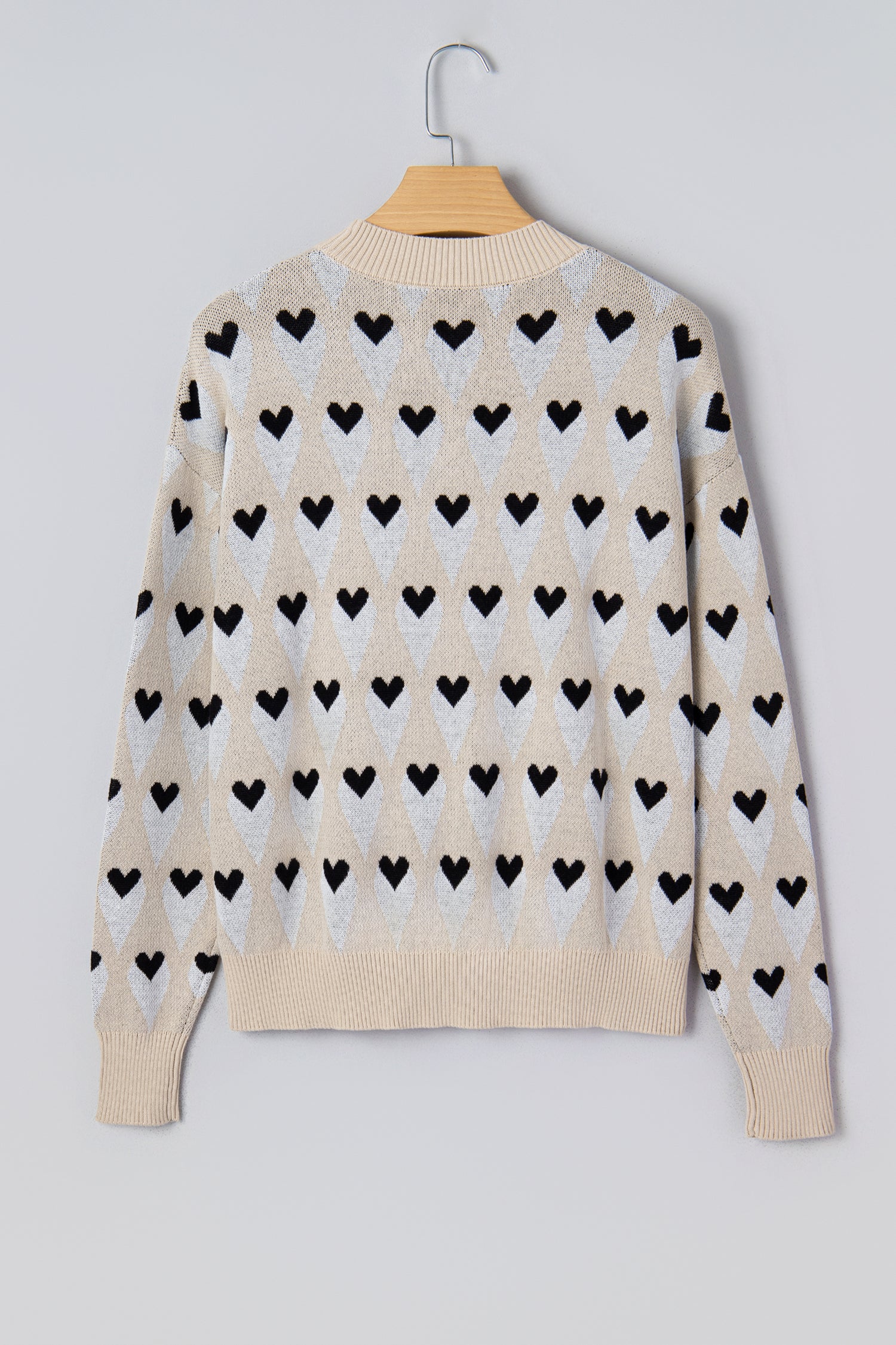 Parchment Geometric Heart Print Ribbed Trim Loose Sweater-TOPS / DRESSES-[Adult]-[Female]-2022 Online Blue Zone Planet