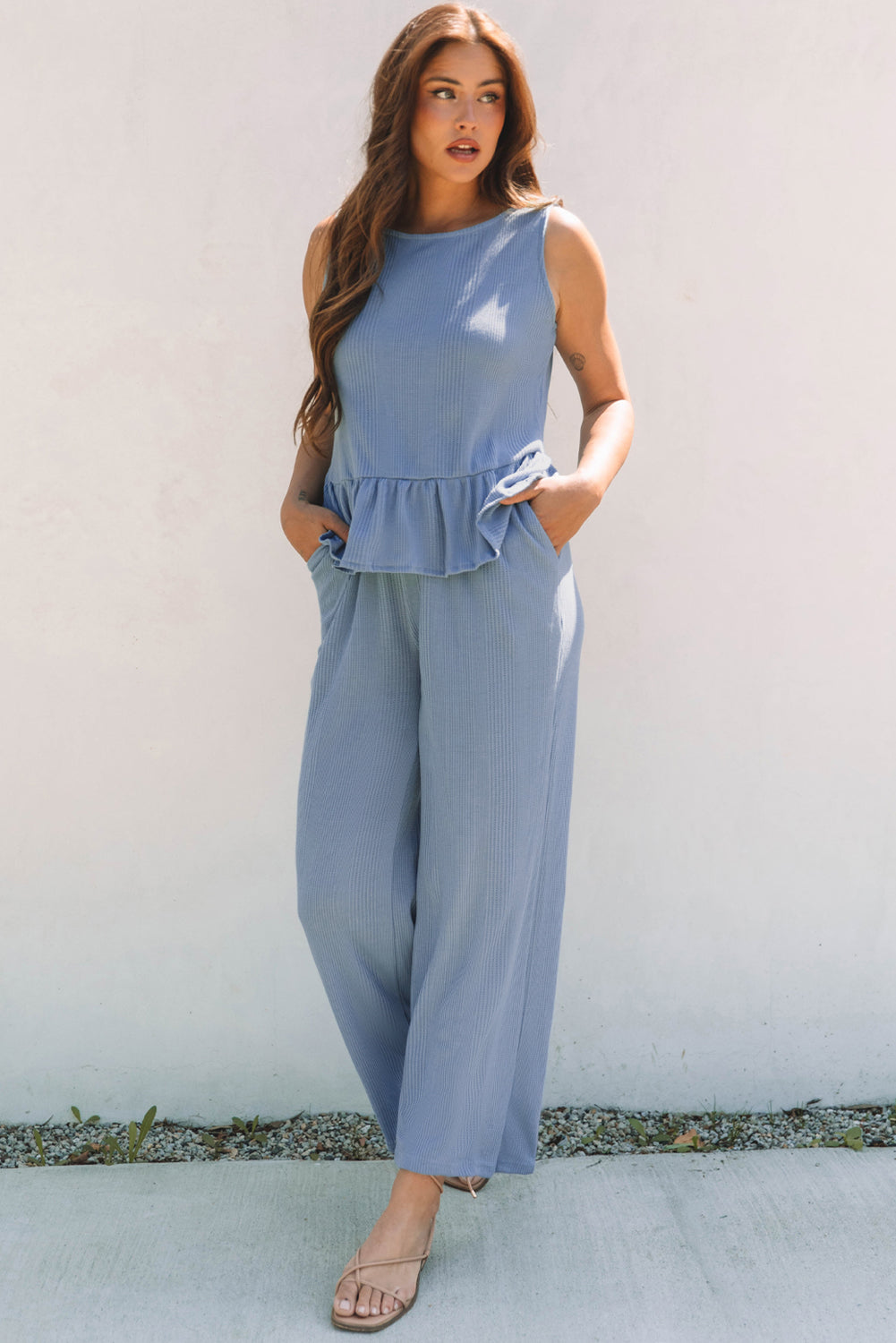 Beau Blue Solid Color Ribbed Ruffle Tank Top And Pants Set-Two Piece Sets/Pant Sets-[Adult]-[Female]-2022 Online Blue Zone Planet