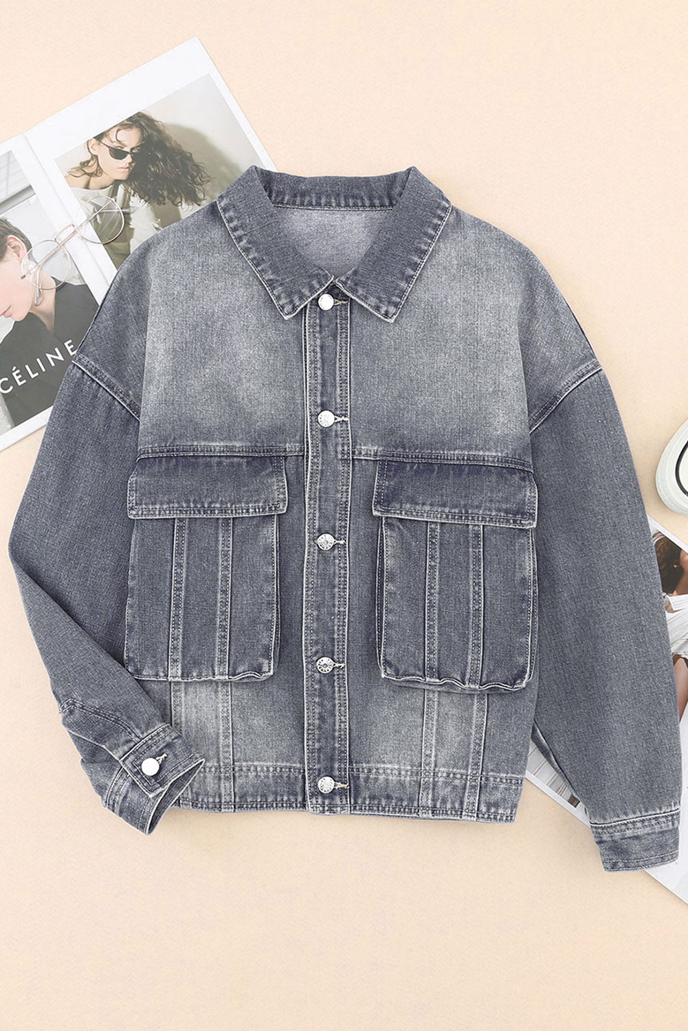 Collared Neck Button Up Denim Jacket-TOPS / DRESSES-[Adult]-[Female]-2022 Online Blue Zone Planet