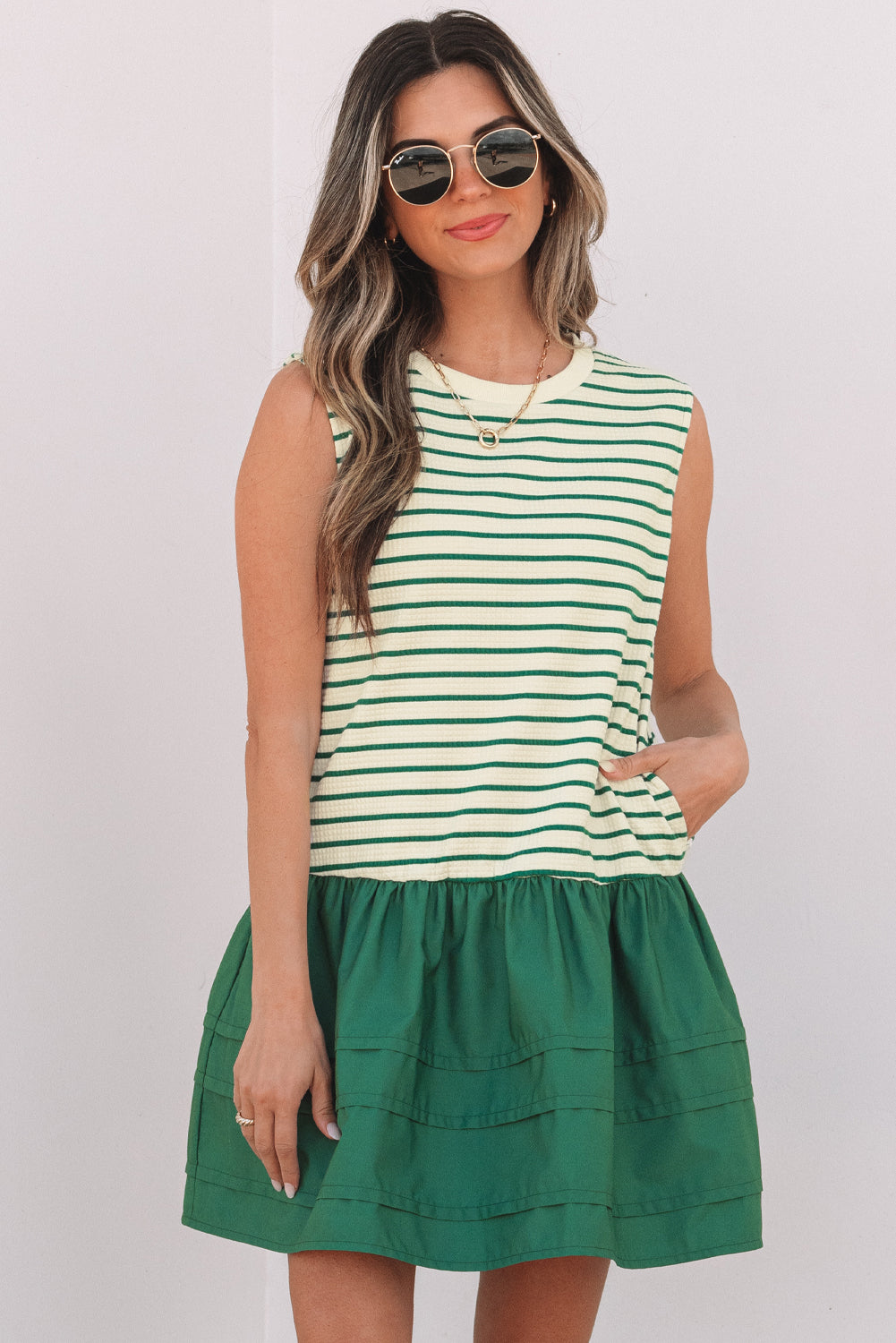 Green Stripe Woven Ruffled Sleeveless Mini Dress-Dresses/Mini Dresses-[Adult]-[Female]-2022 Online Blue Zone Planet