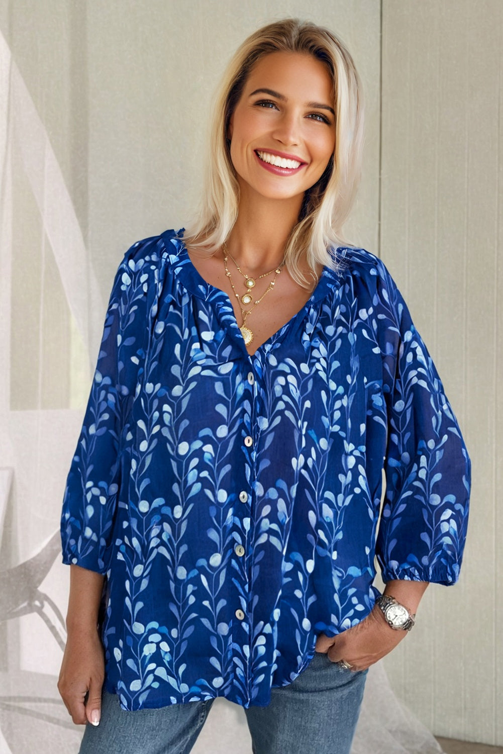 Blue Botanical Print Bracelet Sleeve Notched Neck Blouse-Tops/Blouses & Shirts-[Adult]-[Female]-2022 Online Blue Zone Planet