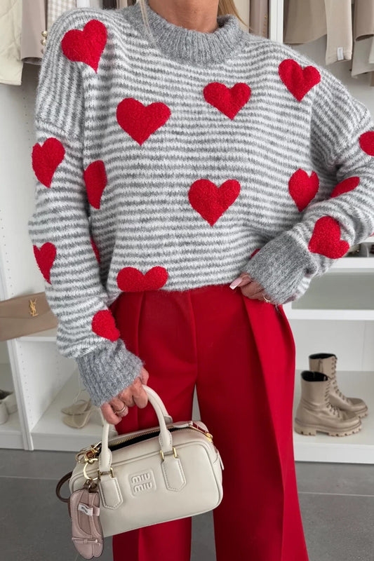Gray Stripe Contrast Heart Pattern Valentine Knit Sweater-TOPS / DRESSES-[Adult]-[Female]-Gray Stripe-S-2022 Online Blue Zone Planet