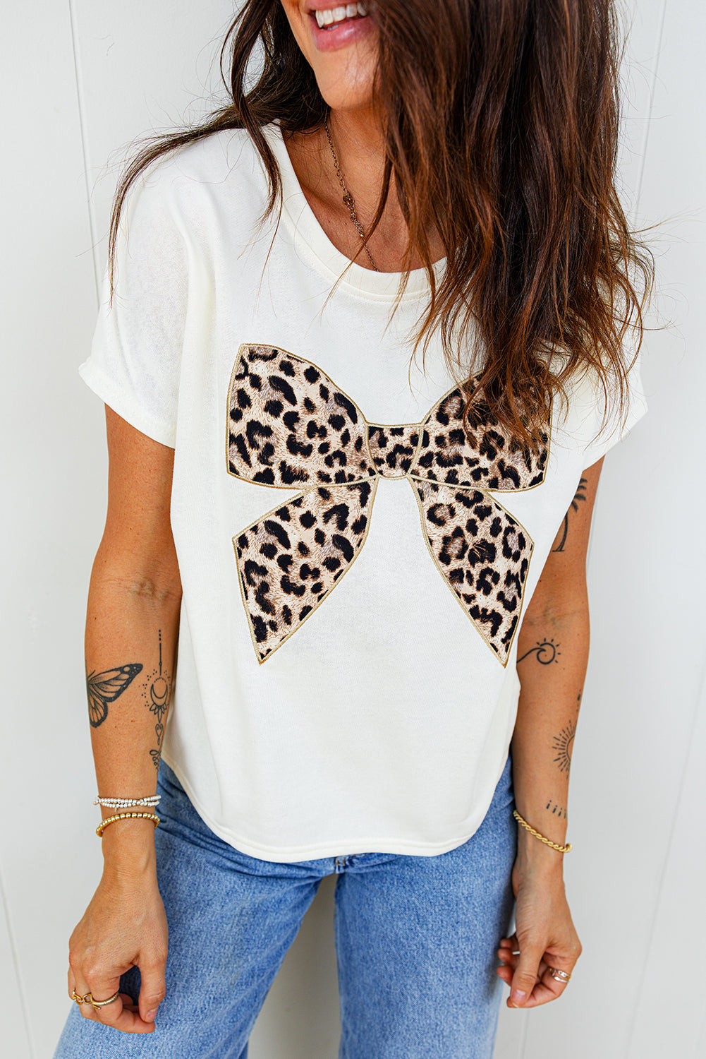 White Leopard Bow Embroidered Cotton Round Neck T Shirt-Tops/Tops & Tees-[Adult]-[Female]-2022 Online Blue Zone Planet