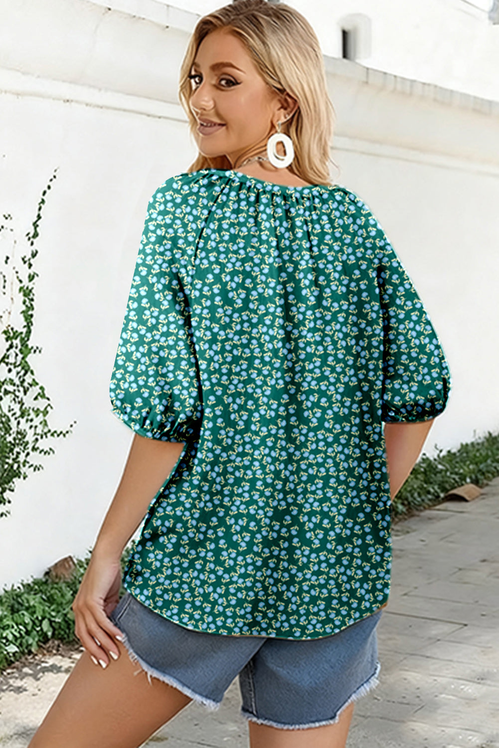 Green Boho Chic Notched V Neck Plus Floral Short Sleeve Top-Plus Size/Plus Size Tops/Plus Size Tops & Tees-[Adult]-[Female]-2022 Online Blue Zone Planet