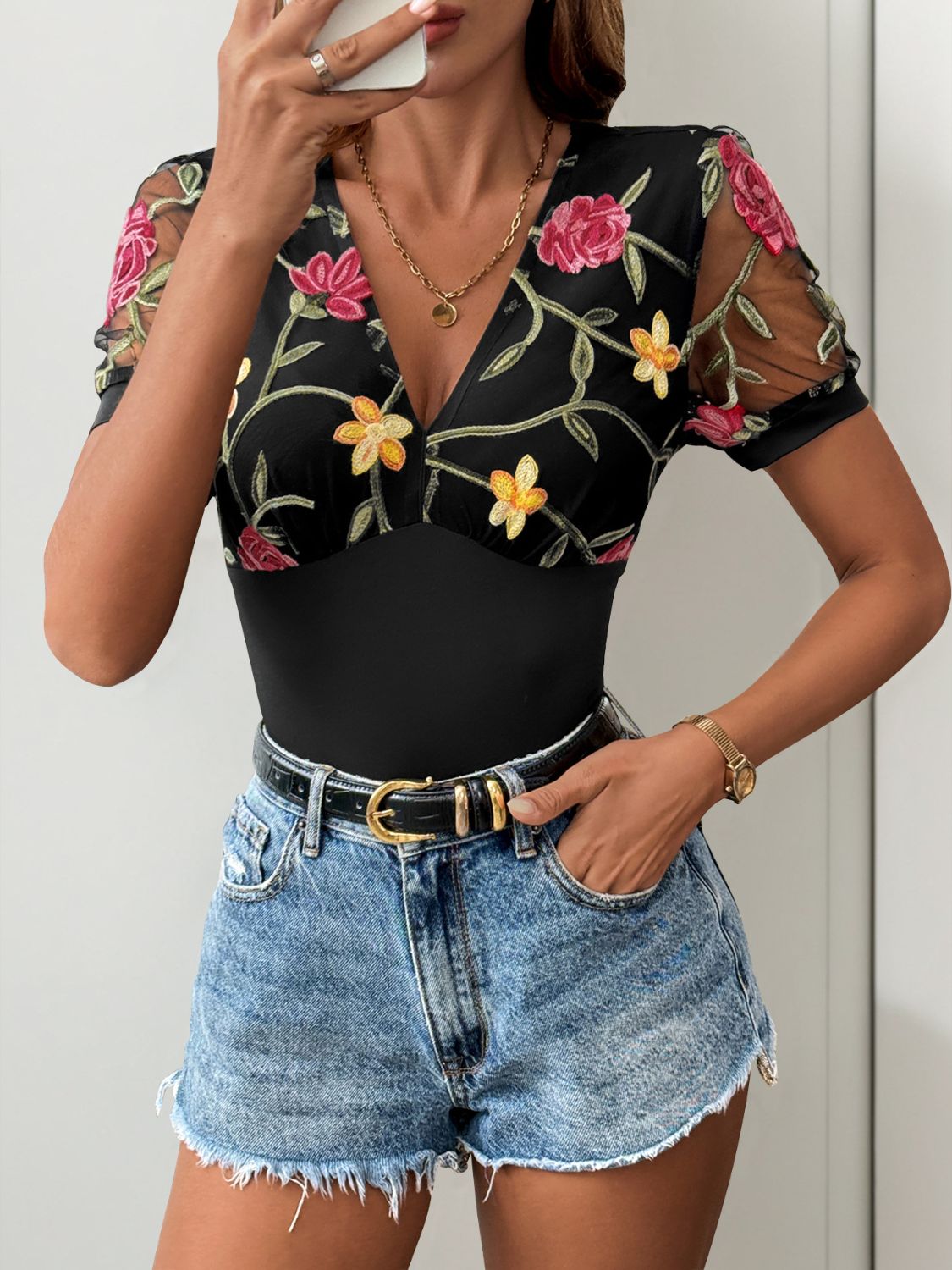 Perfee Embroidered V-Neck Floral Bodysuit-TOPS / DRESSES-[Adult]-[Female]-2022 Online Blue Zone Planet