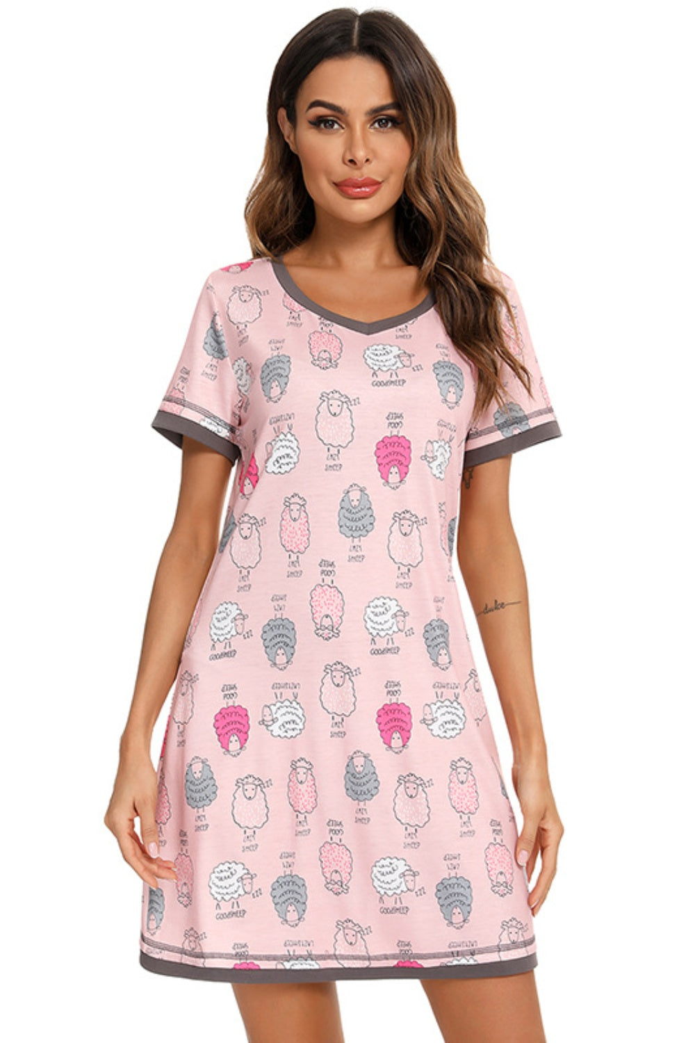 Blue Zone Planet | Contrast Trim Short Sleeve Lounge Dress-TOPS / DRESSES-[Adult]-[Female]-Dusty Pink-S-2022 Online Blue Zone Planet