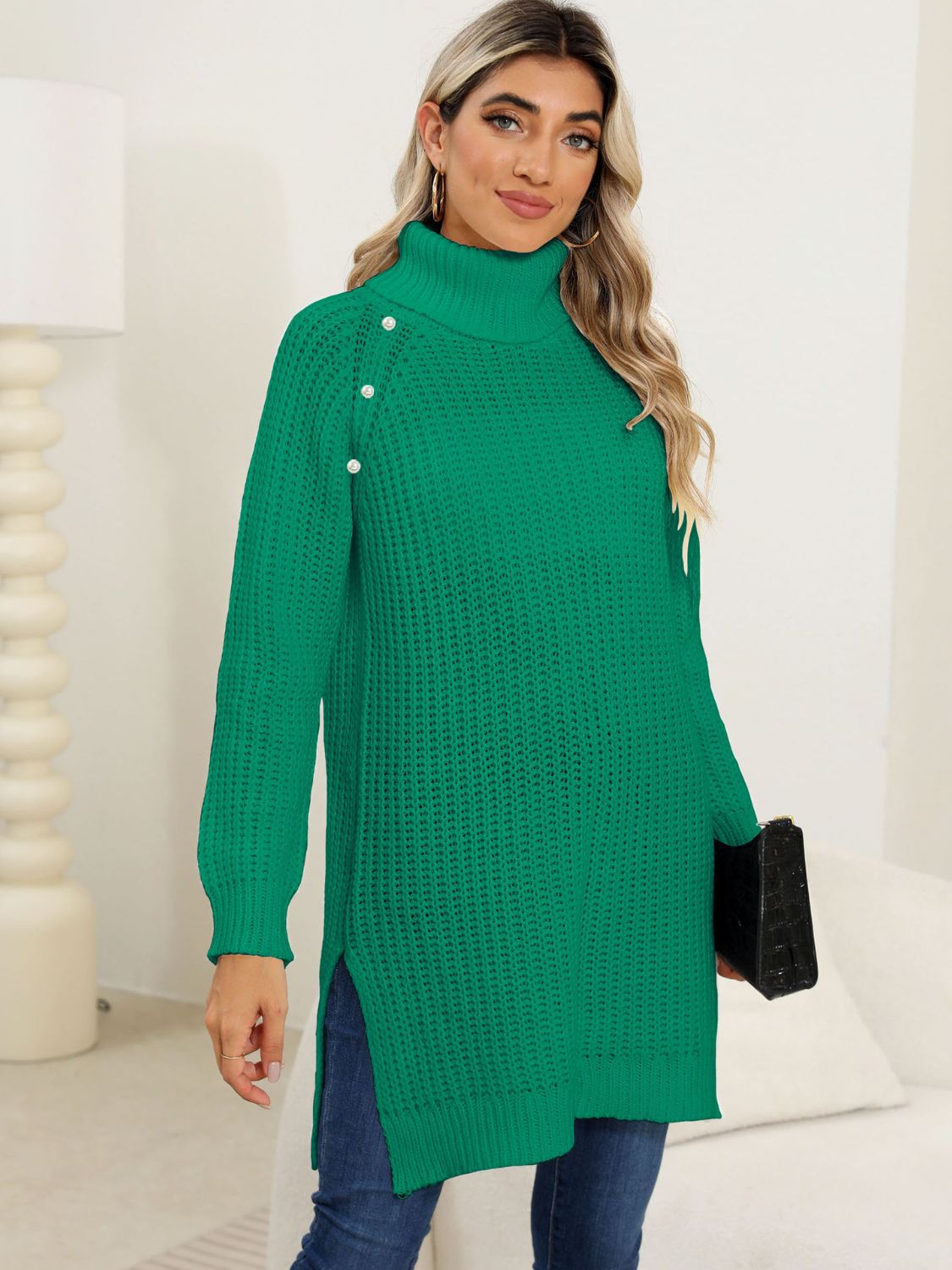 Slit Turtleneck Long Sleeve Sweater-TOPS / DRESSES-[Adult]-[Female]-2022 Online Blue Zone Planet