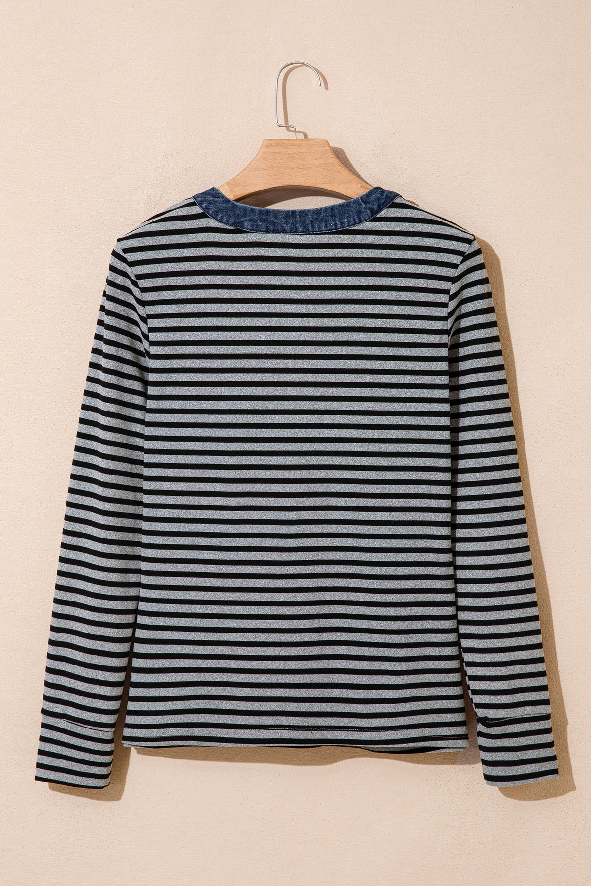 Gray Stripe Denim Contrast Collar Half Button Long Sleeve Top-Tops/Long Sleeve Tops-[Adult]-[Female]-2022 Online Blue Zone Planet