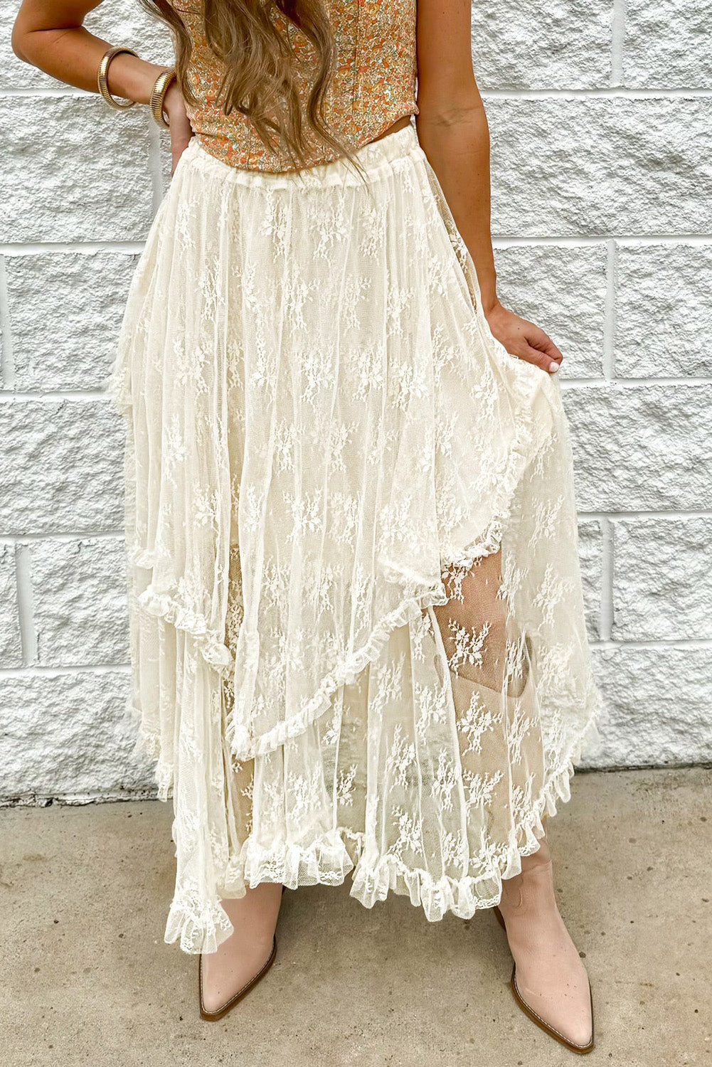 Beige Lace Cascading Tiered High Waist Maxi Skirt-Bottoms/Skirts & Petticoat-[Adult]-[Female]-Beige-S-2022 Online Blue Zone Planet