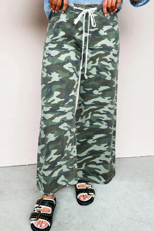 Green Camouflage Print Wide Leg Drawstring Denim Pants-Bottoms/Jeans-[Adult]-[Female]-Green-4-2022 Online Blue Zone Planet