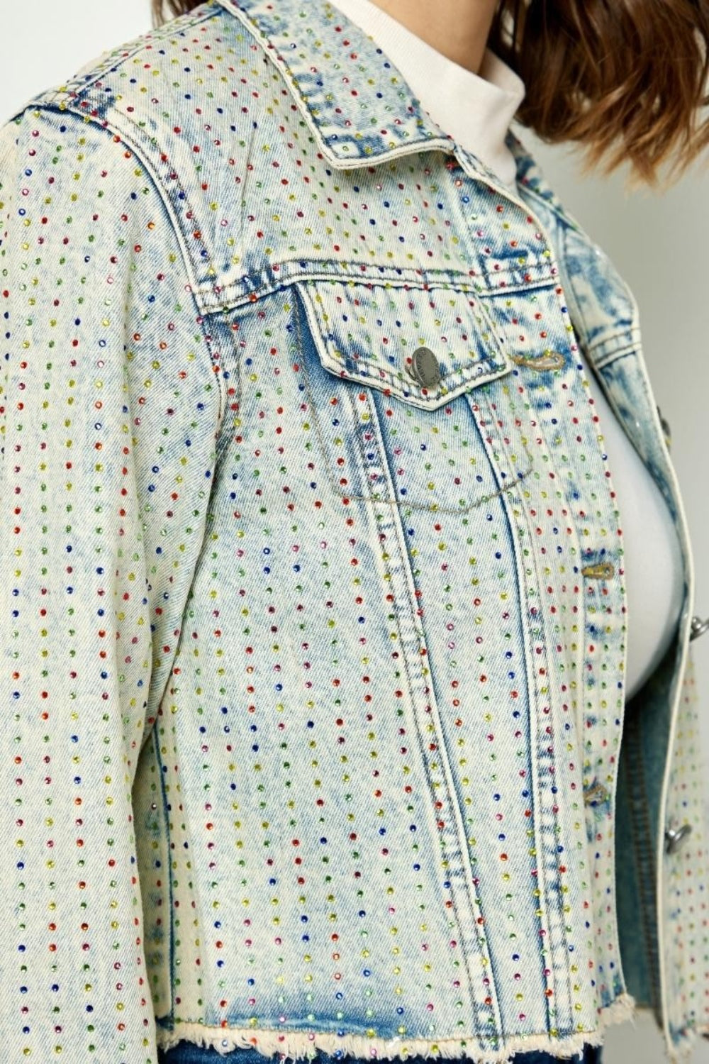 Veveret Multi Color Stripe Rhinestone Raw Hem Denim Jacket-TOPS / DRESSES-[Adult]-[Female]-2022 Online Blue Zone Planet