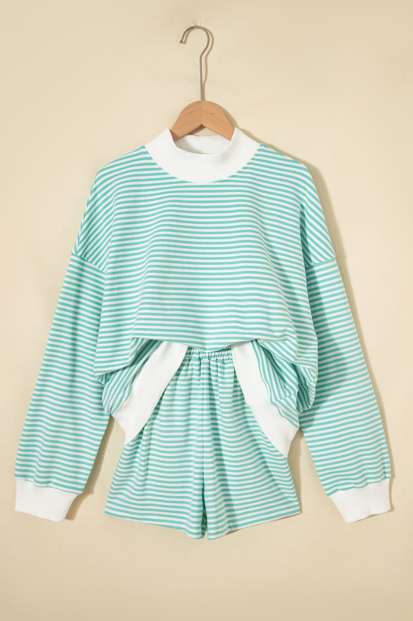 Sky Blue Stripe Oversize Mock Neck Sweatshirt and Shorts Set-Two Piece Sets/Short Sets-[Adult]-[Female]-2022 Online Blue Zone Planet