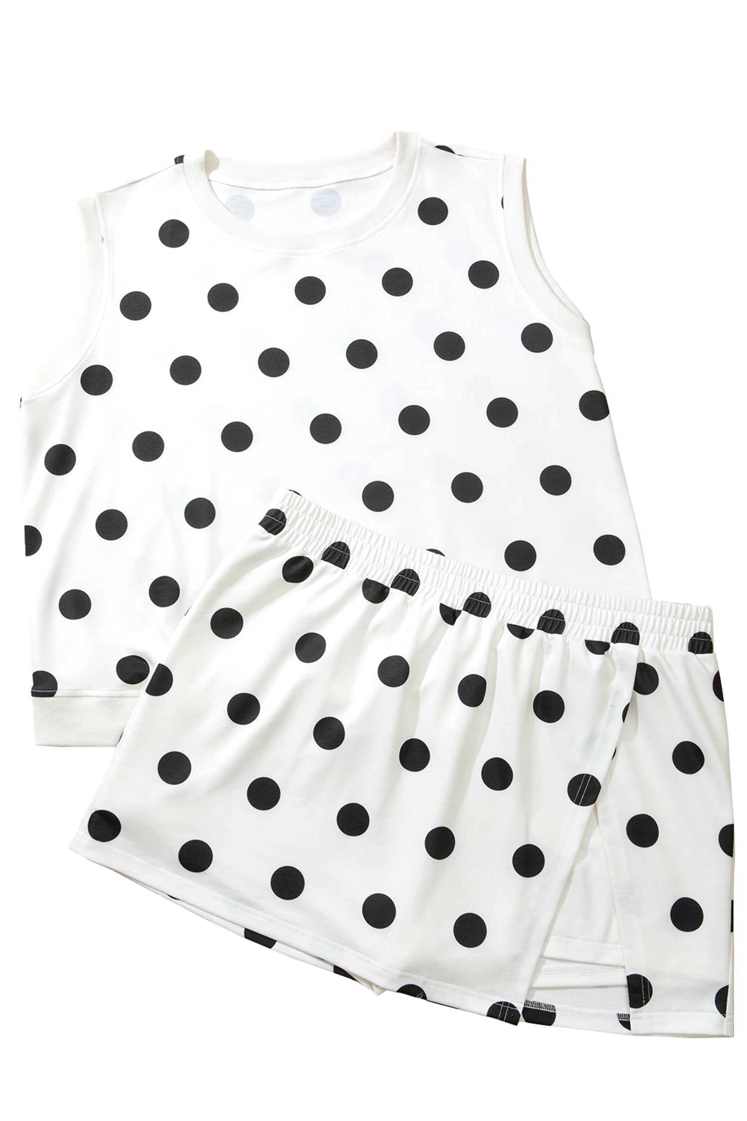 White Plus Size Polka Dot Printed Tank Split Skort 2pcs Outfit-Plus Size/Plus Size Loungewear-[Adult]-[Female]-2022 Online Blue Zone Planet