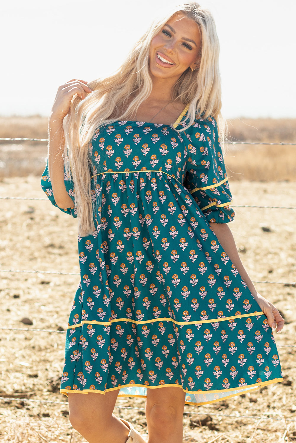 Skobeloff Floral Contrast Trim Square Neck Puff Sleeve Dress-TOPS / DRESSES-[Adult]-[Female]-2022 Online Blue Zone Planet