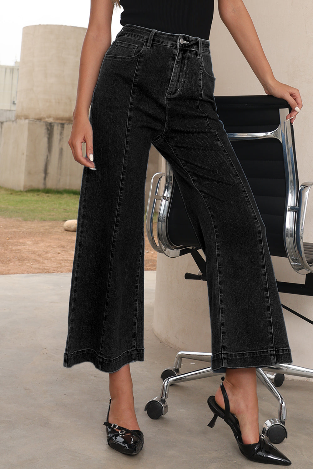 Black Plain Seam Detail Flared Bottom Ankle Length Jeans-Bottoms/Jeans-[Adult]-[Female]-2022 Online Blue Zone Planet