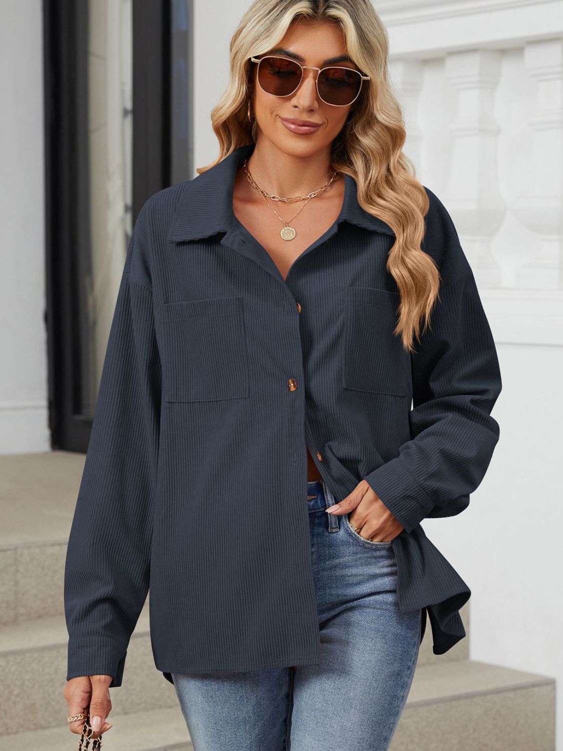 Button Up Dropped Shoulder Long Sleeve Outerwear-TOPS / DRESSES-[Adult]-[Female]-2022 Online Blue Zone Planet