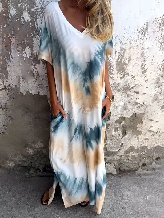 Full Size Pocketed Tie-Dye Short Sleeve Dress-TOPS / DRESSES-[Adult]-[Female]-Pastel Yellow-S-2022 Online Blue Zone Planet