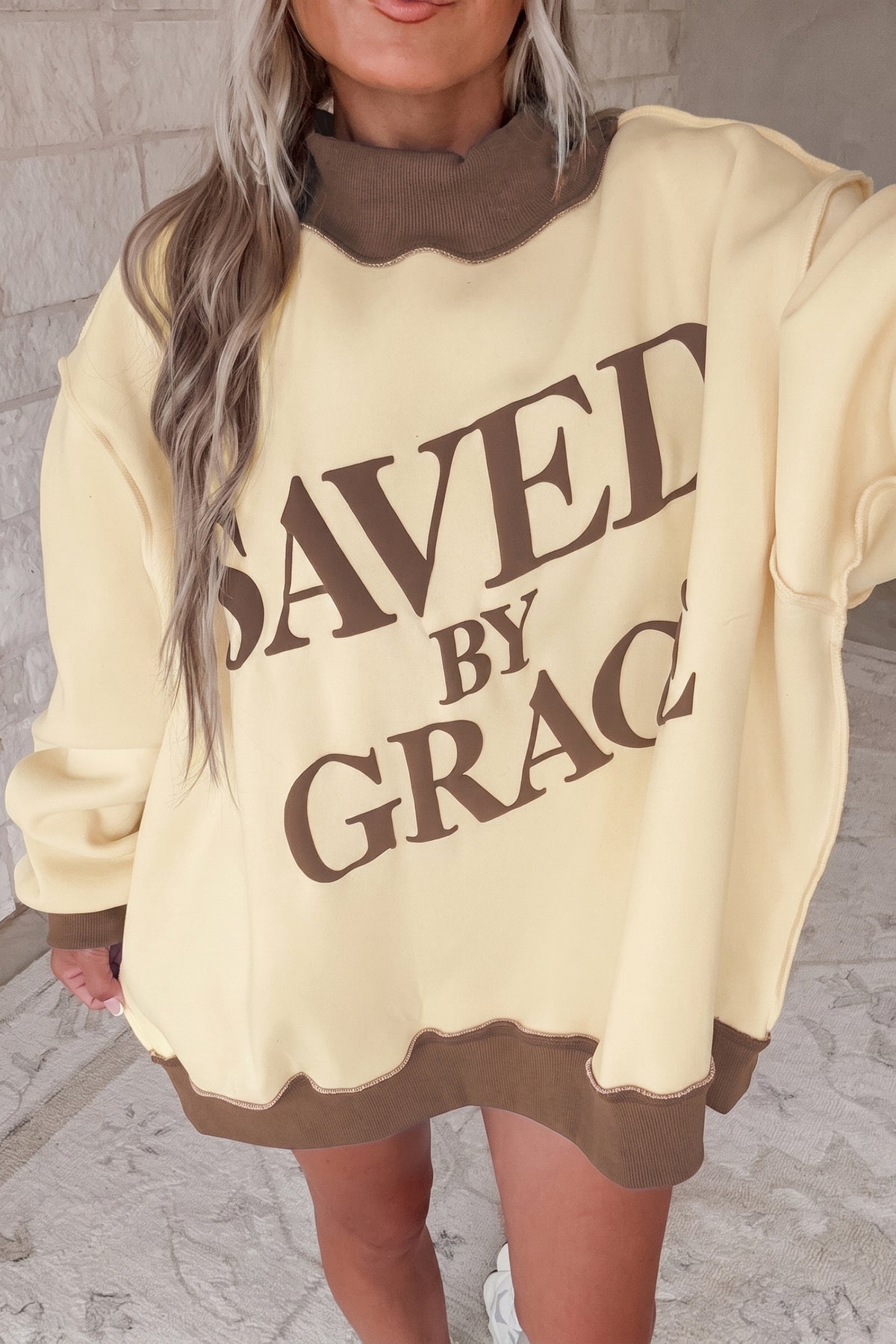 Beige Saved By Grace Print Color Block Mock Neck Oversized Sweatshirt-Tops/Sweatshirts & Hoodies-[Adult]-[Female]-2022 Online Blue Zone Planet