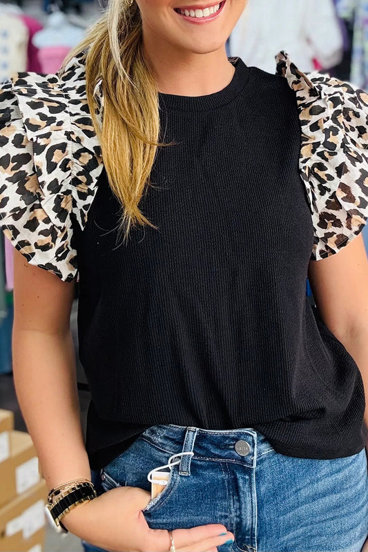 Black Contrast Leopard Ruffled Short Sleeve Ribbed Knit Top-Tops/Blouses & Shirts-[Adult]-[Female]-Black-S-2022 Online Blue Zone Planet