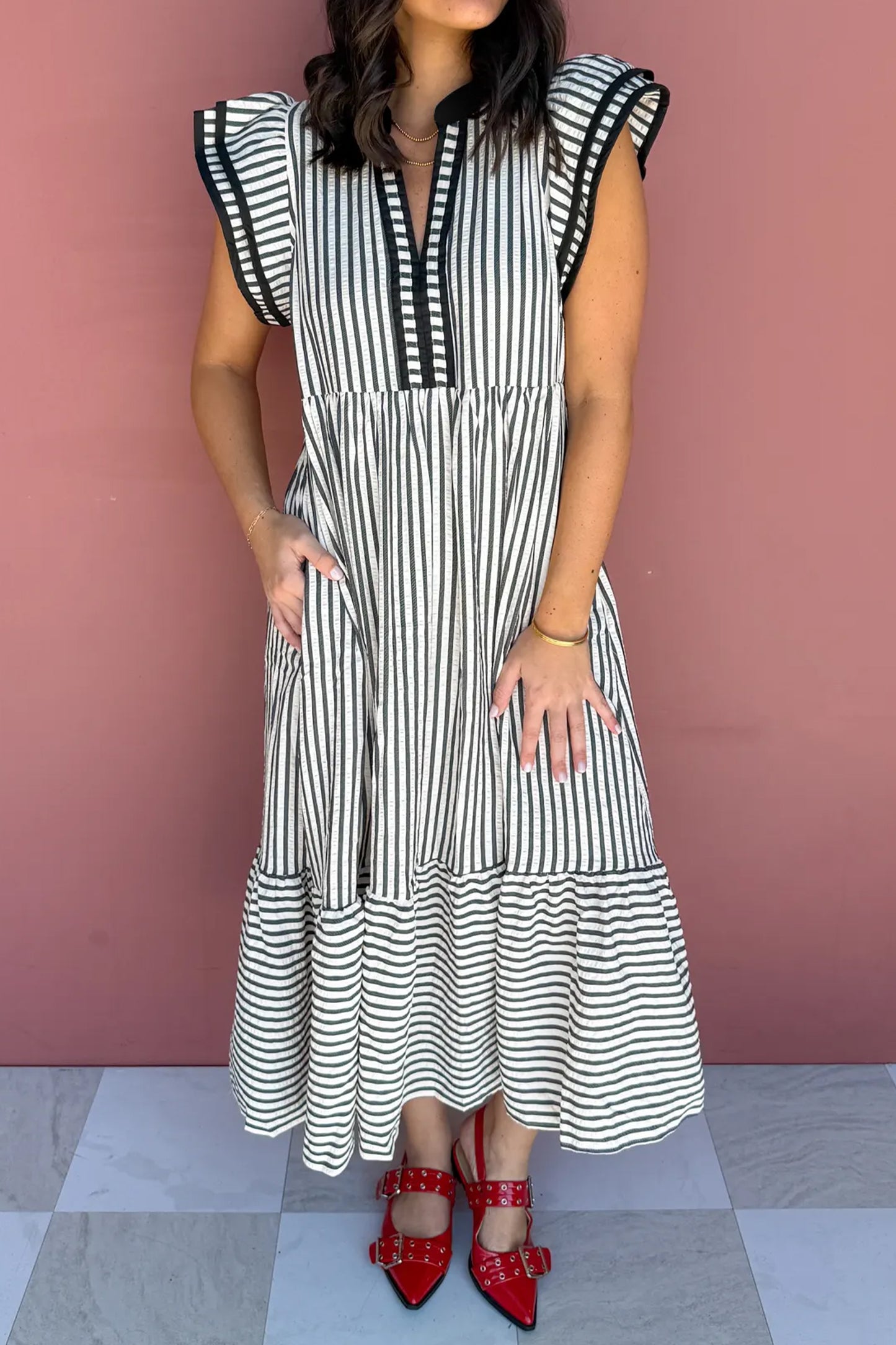 Black Stripe Plus Size Slit V Neck Tiered Flutter Sleeve Maxi Dress-Plus Size/Plus Size Dresses/Plus Size Maxi Dresses-[Adult]-[Female]-Black Stripe-1X-2022 Online Blue Zone Planet