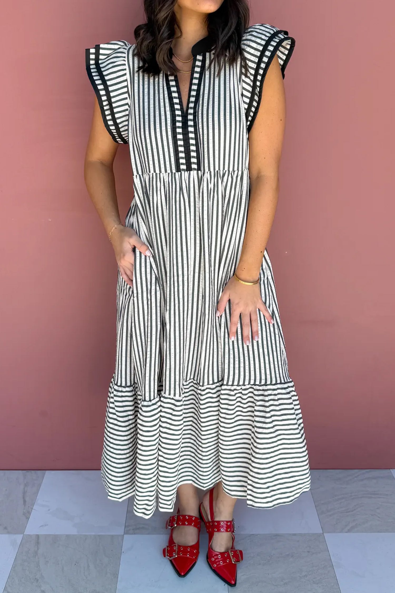 Black Stripe Plus Size Slit V Neck Tiered Flutter Sleeve Maxi Dress-Plus Size/Plus Size Dresses/Plus Size Maxi Dresses-[Adult]-[Female]-Black Stripe-1X-2022 Online Blue Zone Planet